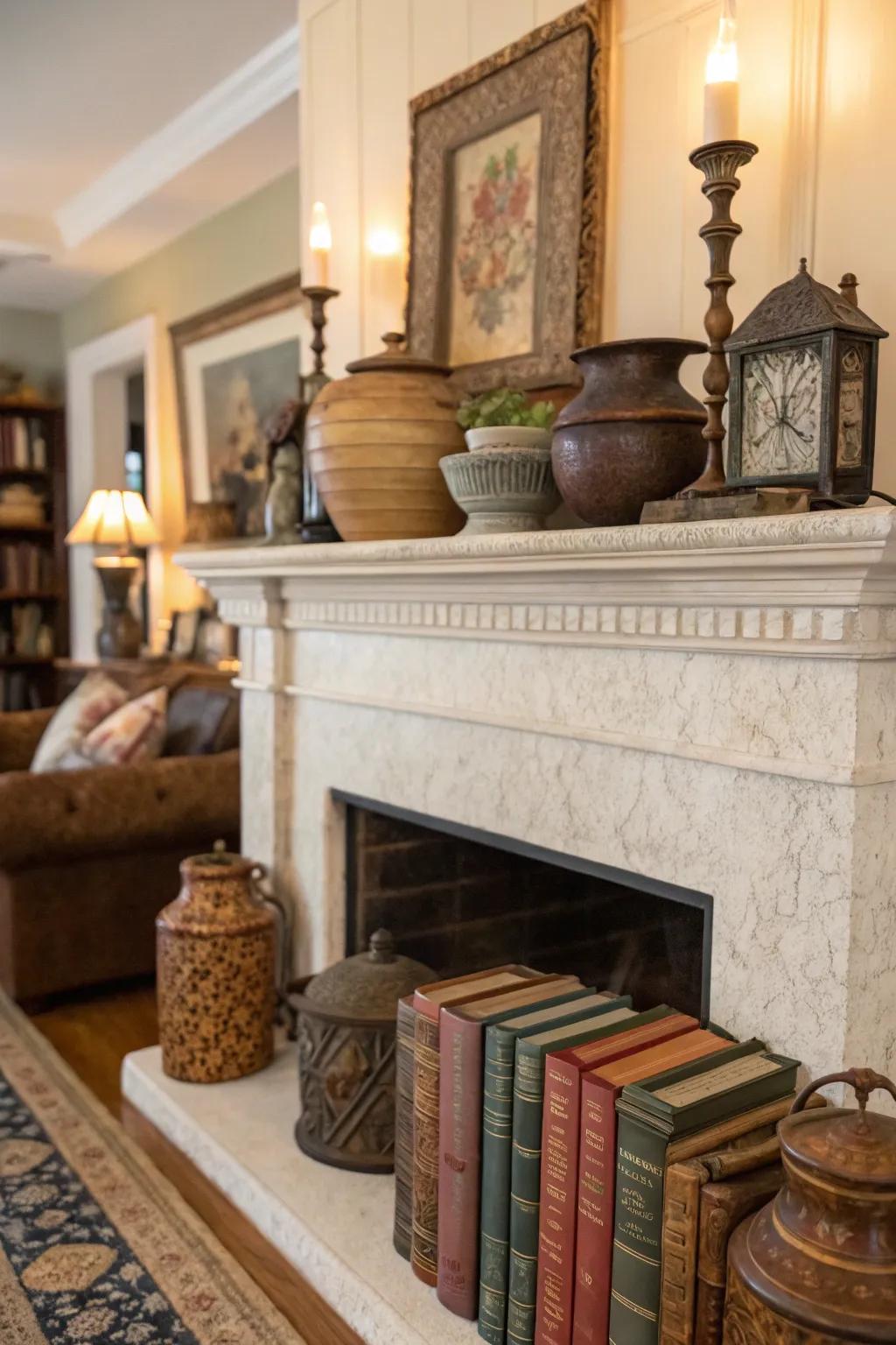 A faux fireplace mantel featuring a display of charming antique finds.