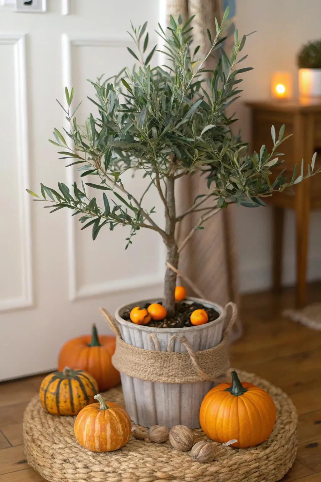 Enhance your faux olive tree with seasonal decorations.