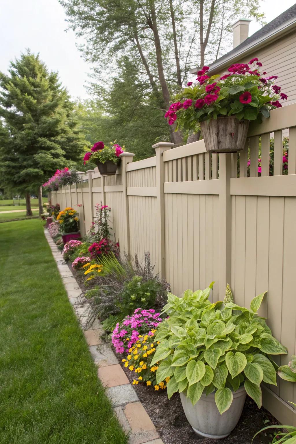 Planters along the fence personalize your space with color.