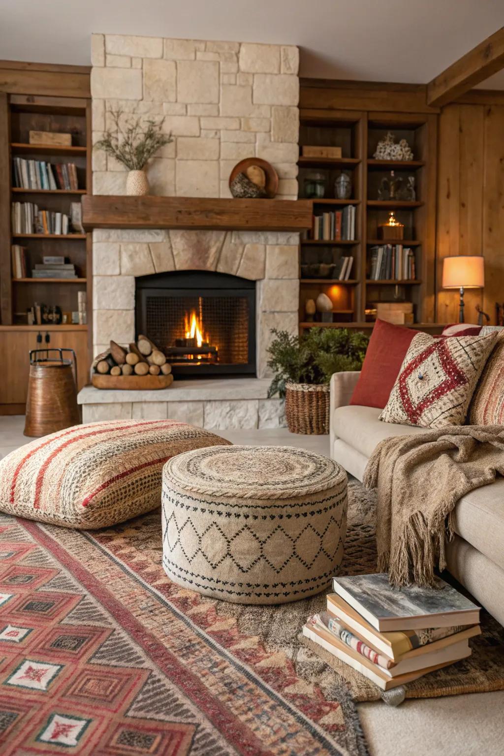 A cozy living room with a central fireplace enhanced by layered textures, rugs, and cushions.