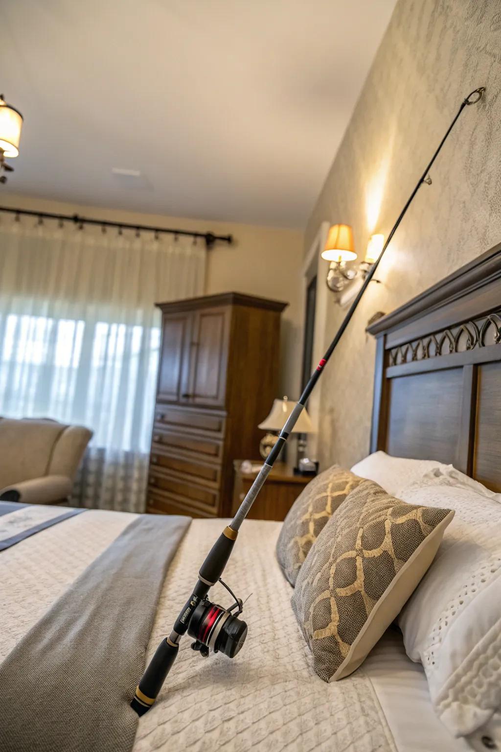 A fishing rod headboard offers a unique and eclectic bedroom vibe.