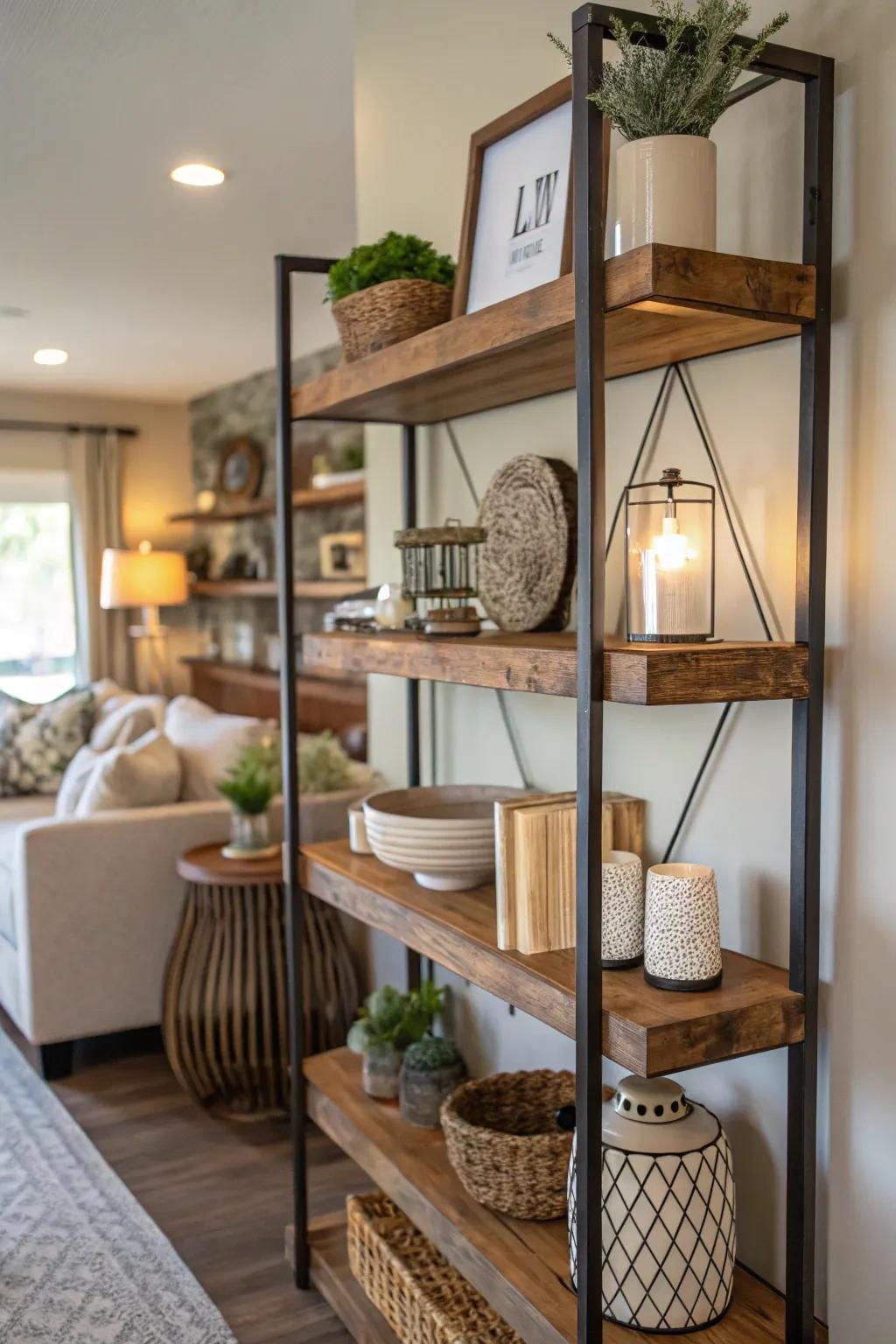 Mixing materials with floating shelves for texture and interest.