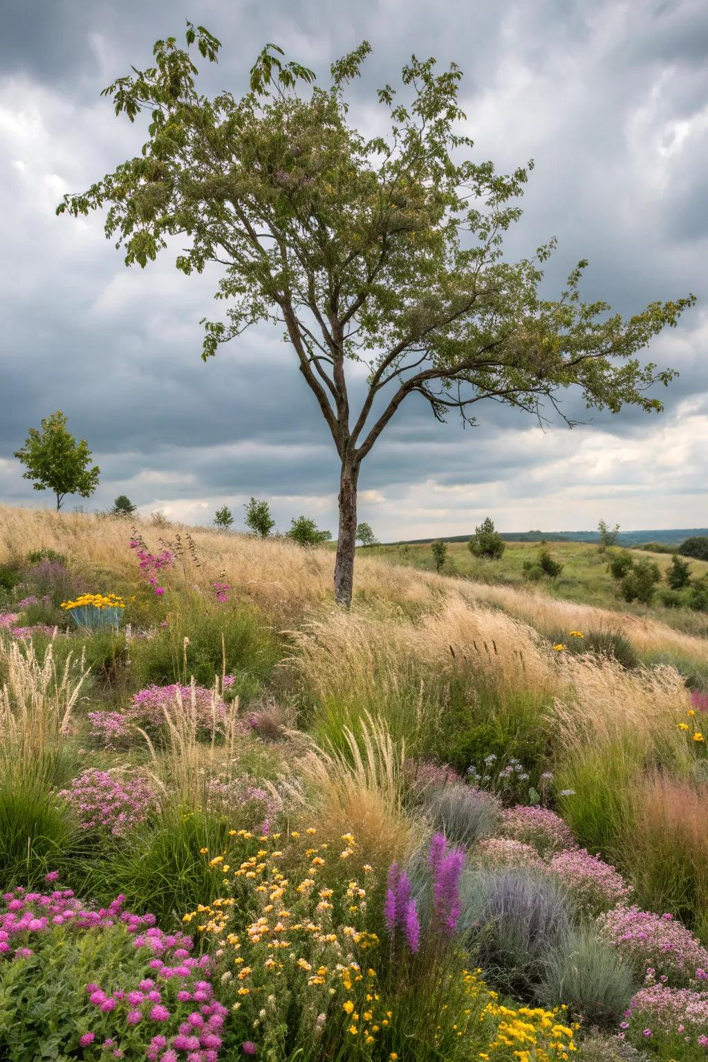 A meadow-inspired design with grasses and wildflowers surrounds this tree.