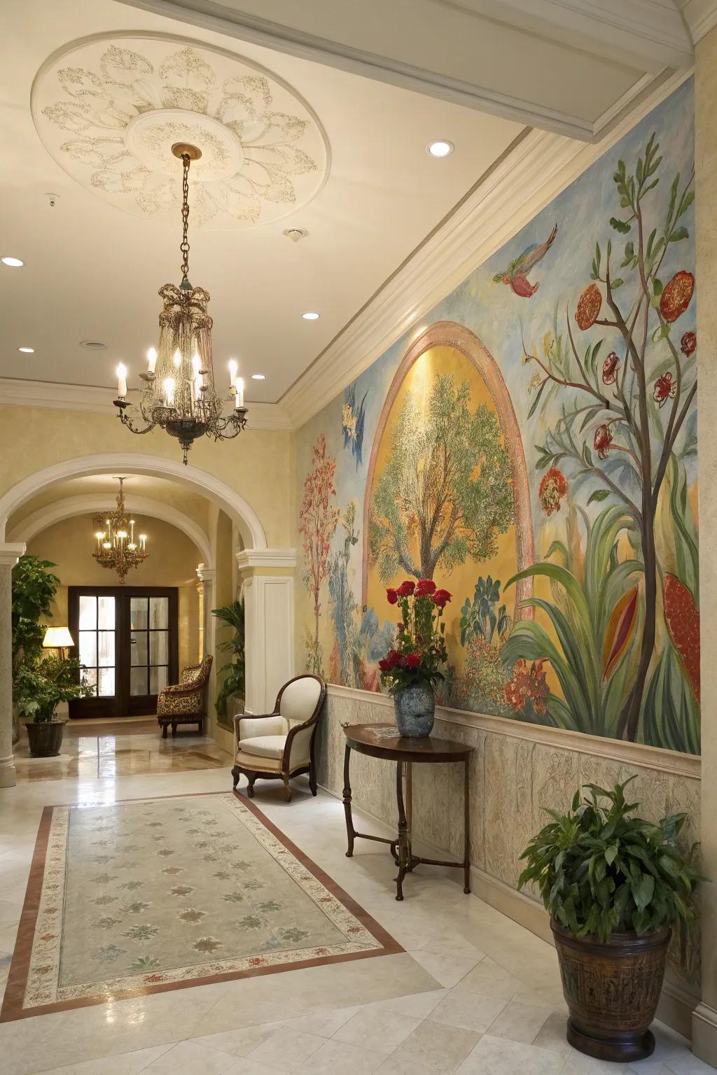 A hand-painted mural adds artistic flair to the foyer.