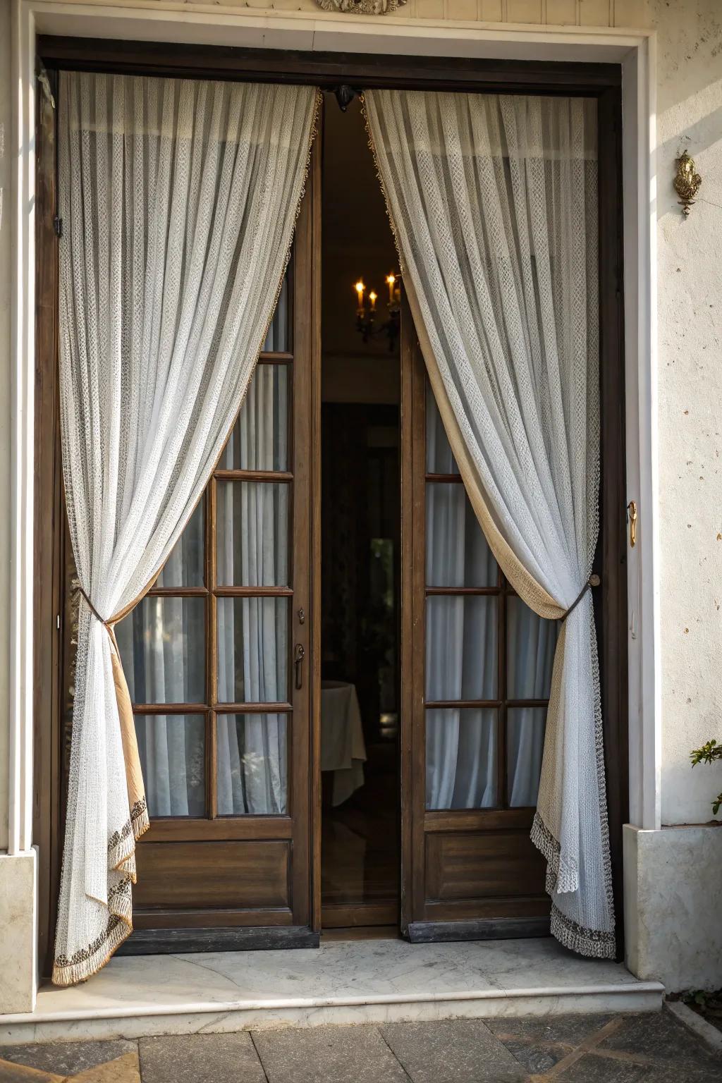 Layered curtains beautifully framing the front door.