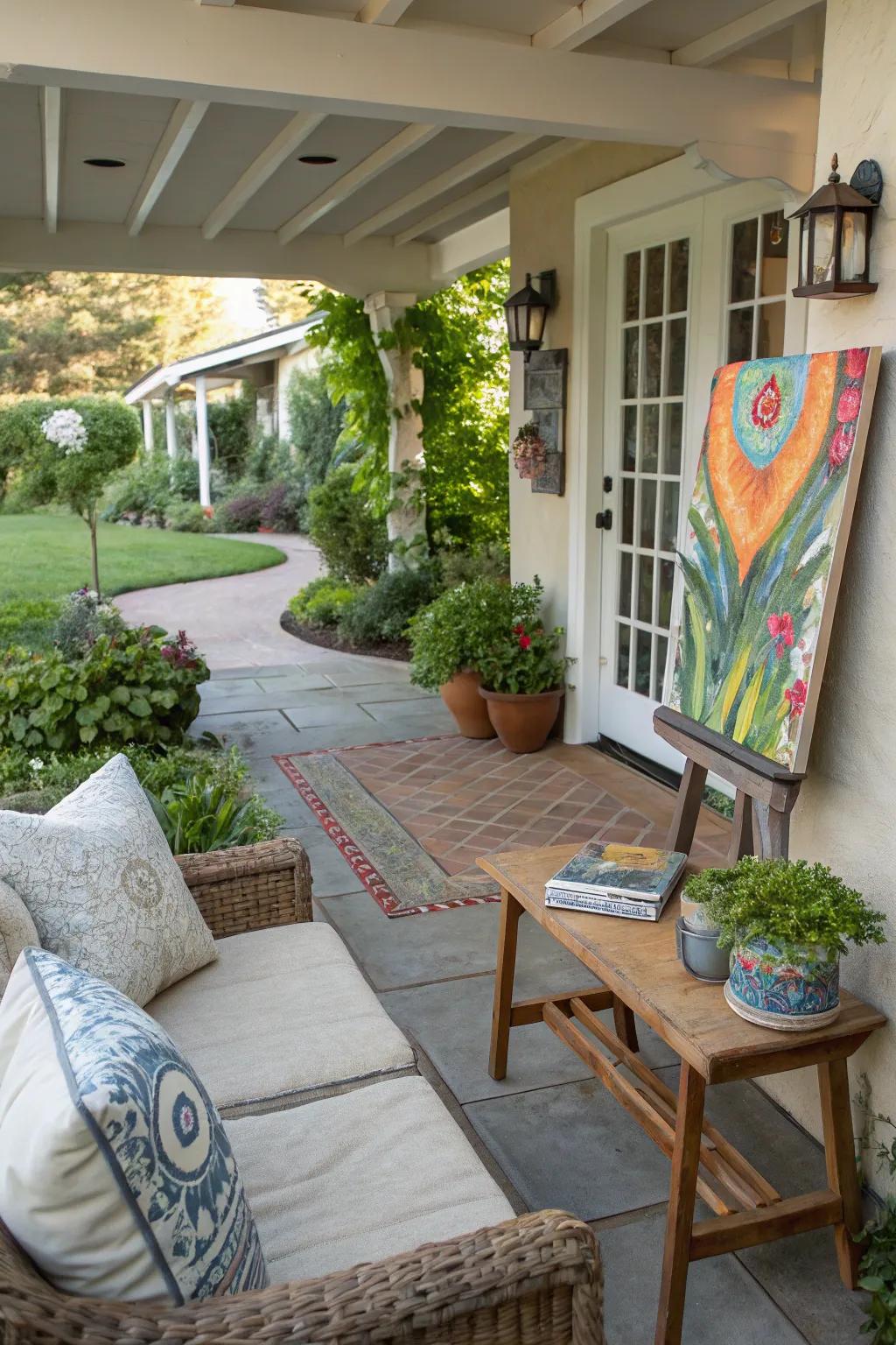 Outdoor art adds a personal and creative flair to patio settings.