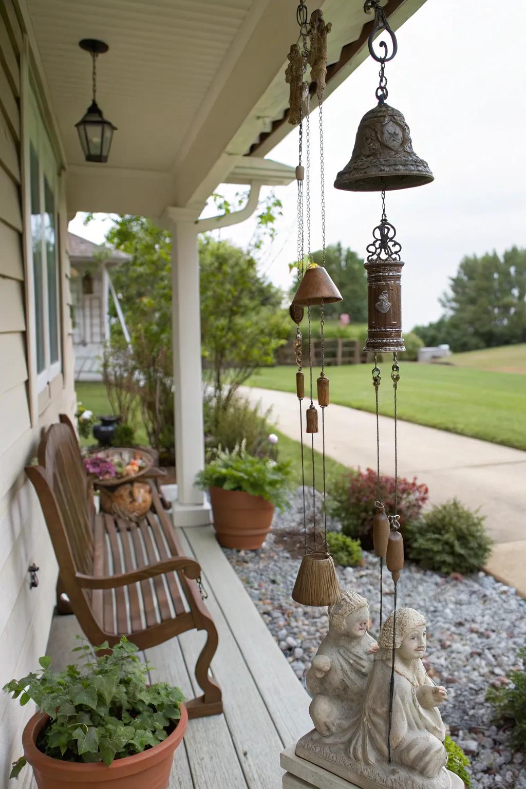 Decorative wind chimes and sculptures on a front porch.