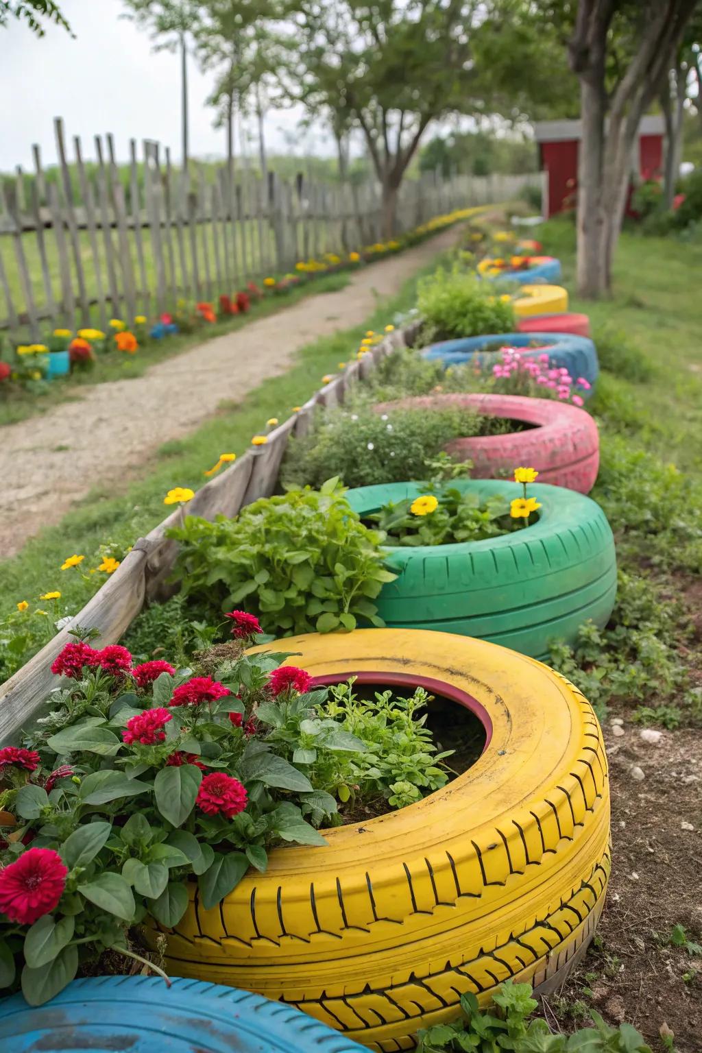 Upcycled tire planters add a splash of fun and color.