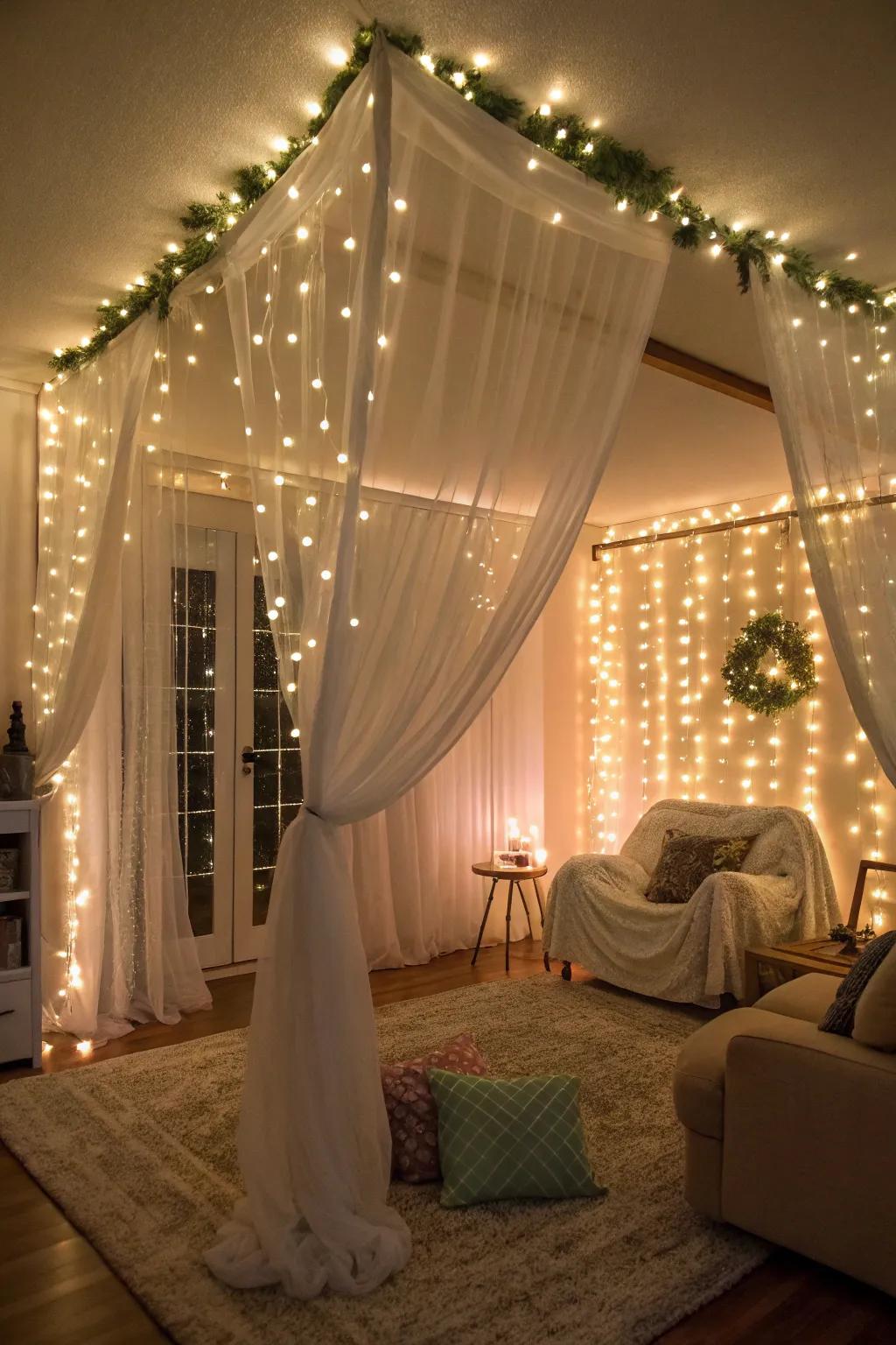 Fairy lights add a magical and enchanting glow to the celebration.