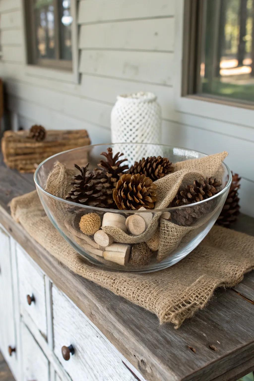 A countryside refuge is created with earthy components positioned inside a clear bowl.