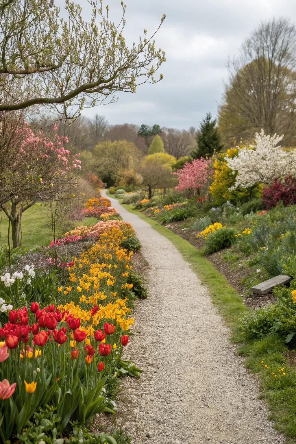 Seasonal plantings keep a path vibrant throughout the year.