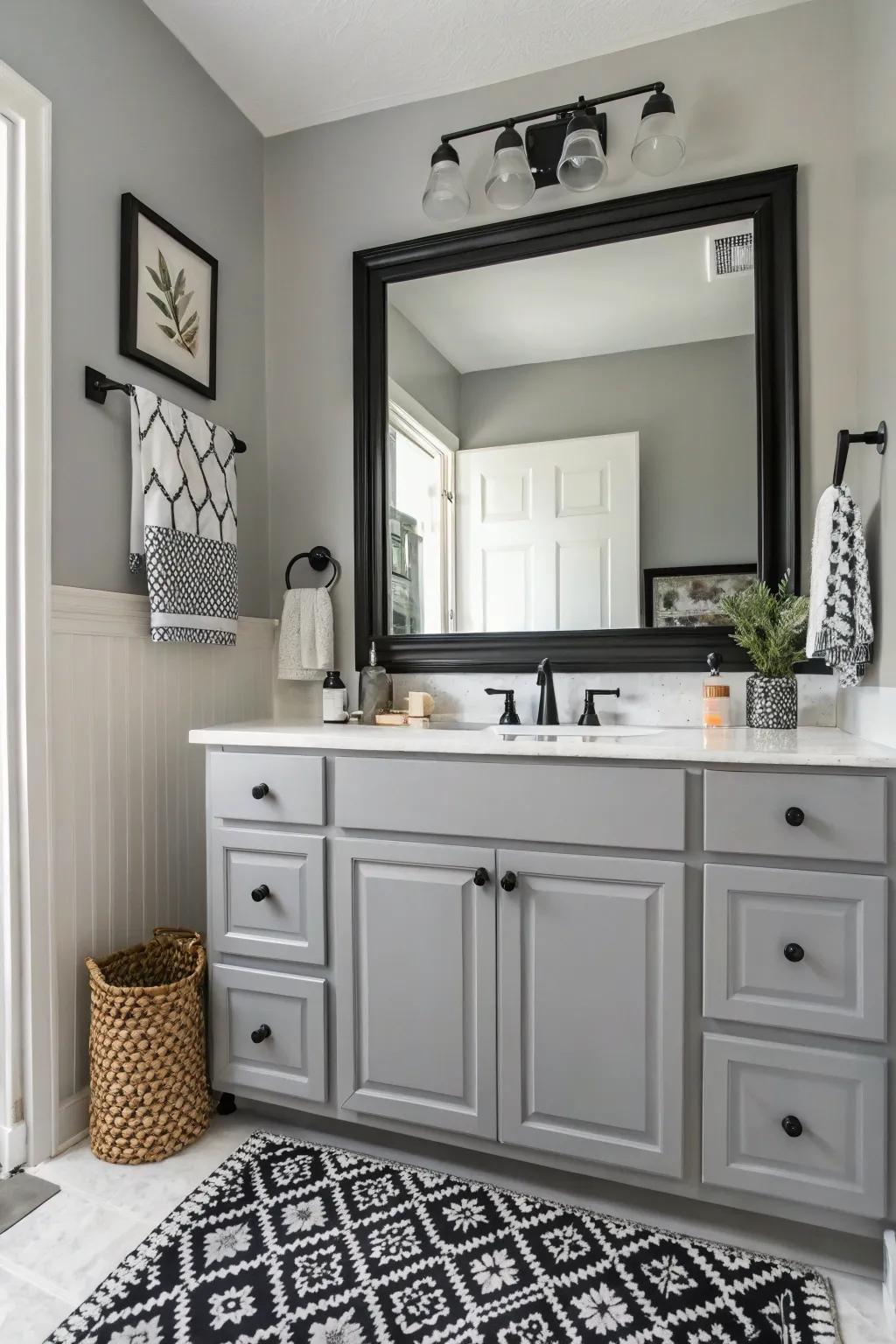 An elegant monochrome bathroom with a gray vanity as the centerpiece.