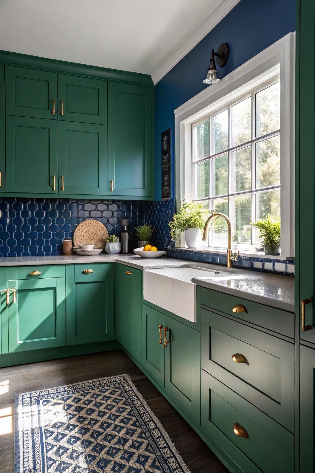 Striking kitchen with green cabinets and a bold accent wall.