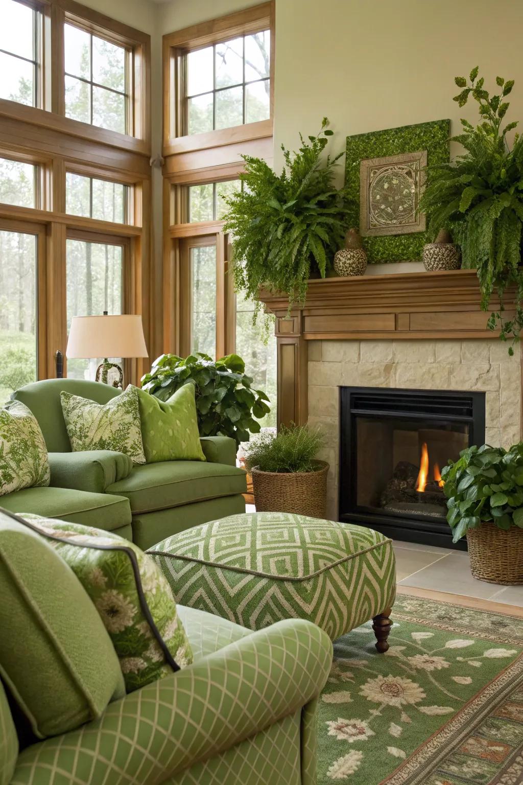 A dynamic living room featuring a fireplace with layered green tones.