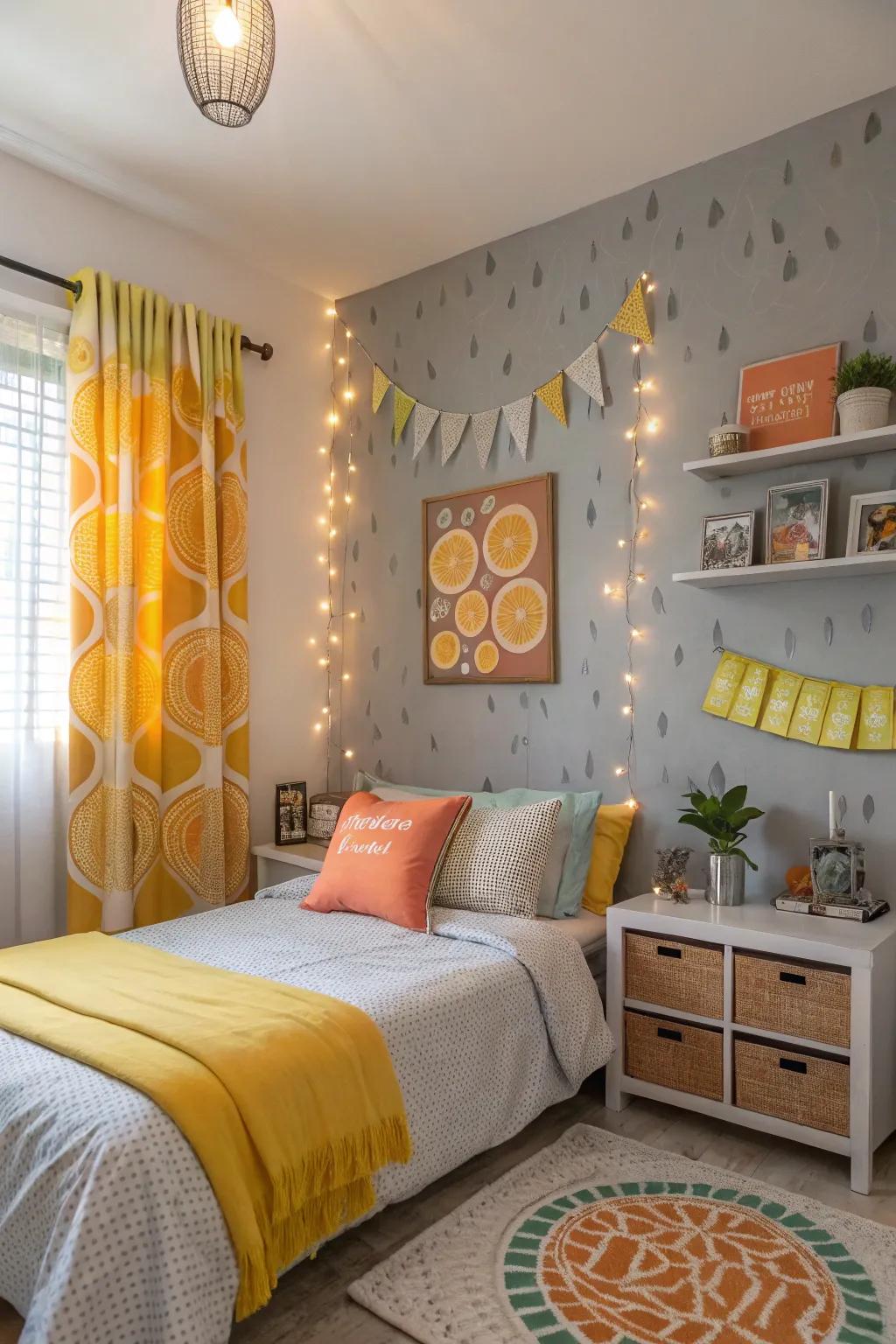 A pop of citrus adds energy to this grey accent wall.