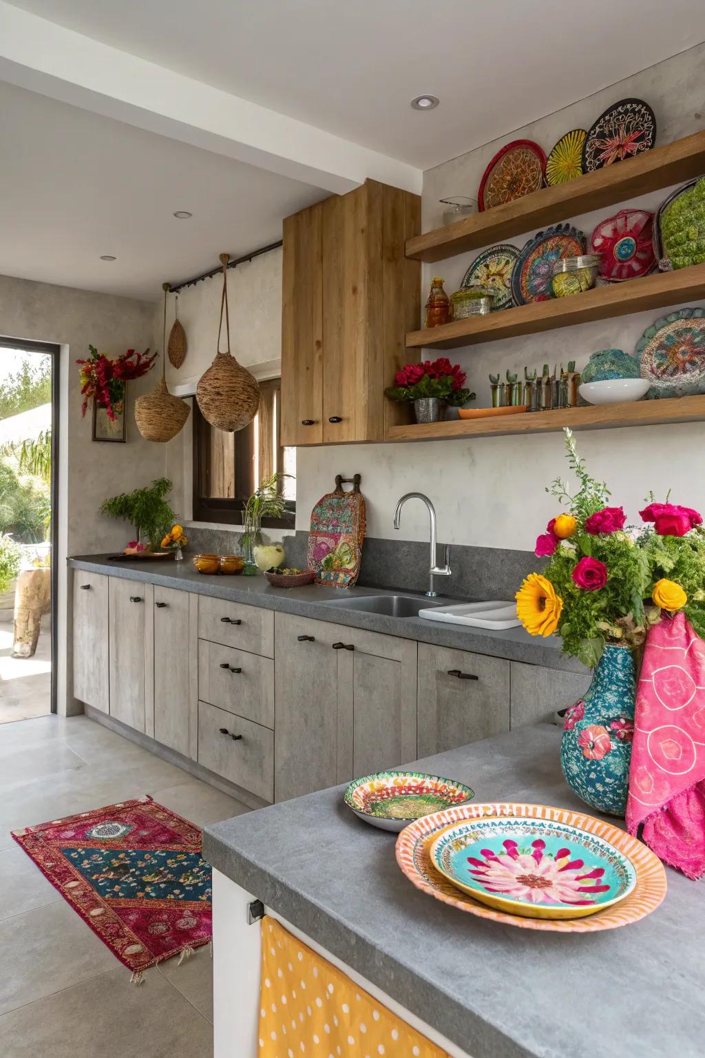 Grey countertops serve as a perfect backdrop for colorful accents.