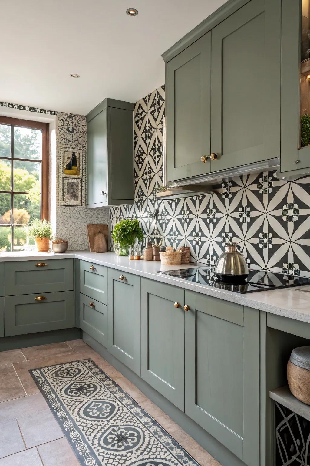 Bold patterns add energy and creativity to grey-green cabinets.