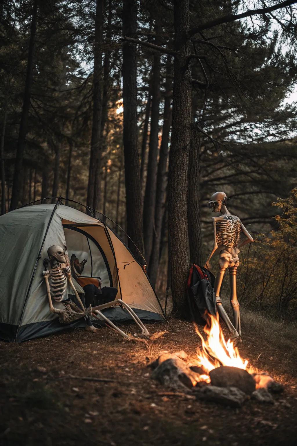 Camping skeletons create a warm and inviting Halloween scene.