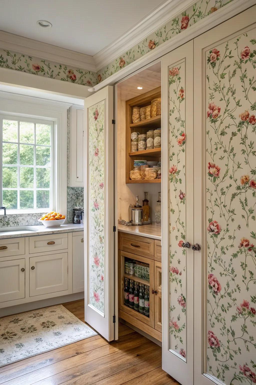 Wallpaper-covered doors concealing a hidden pantry, blending with the wall decor.