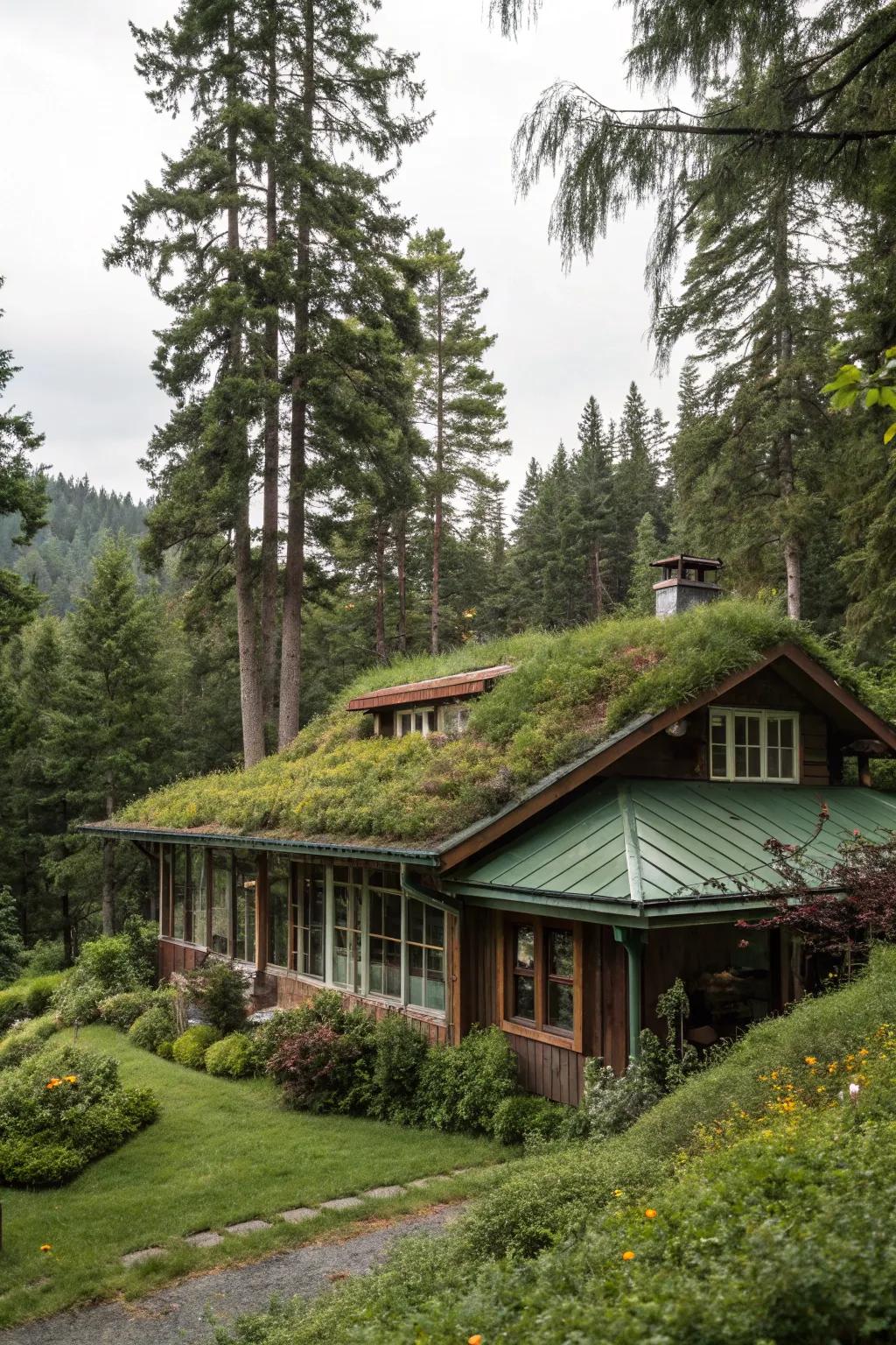 A green-roofed home blending into the forest environment.