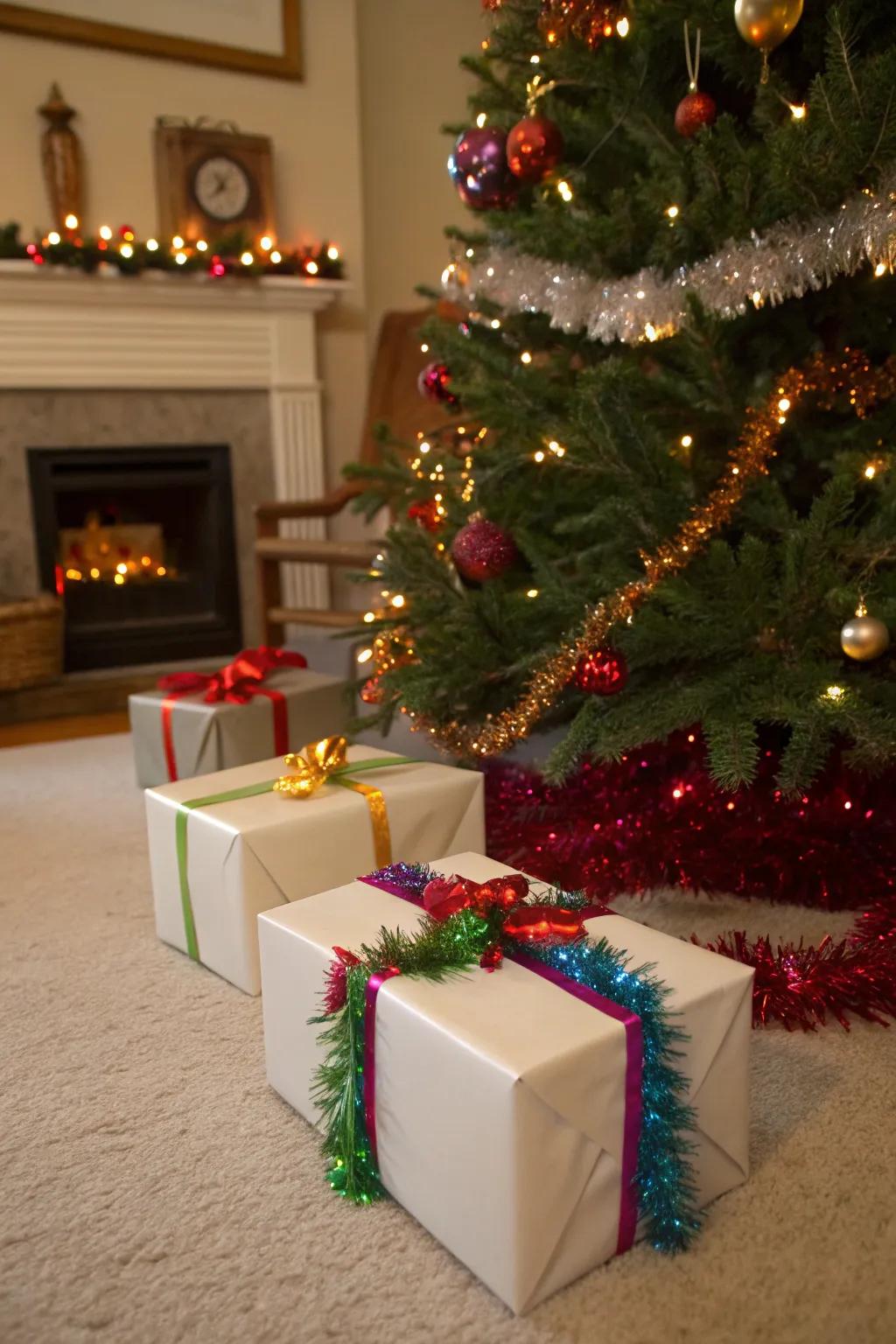 Gifts wrapped with glittery chain decorations for a happy touch.