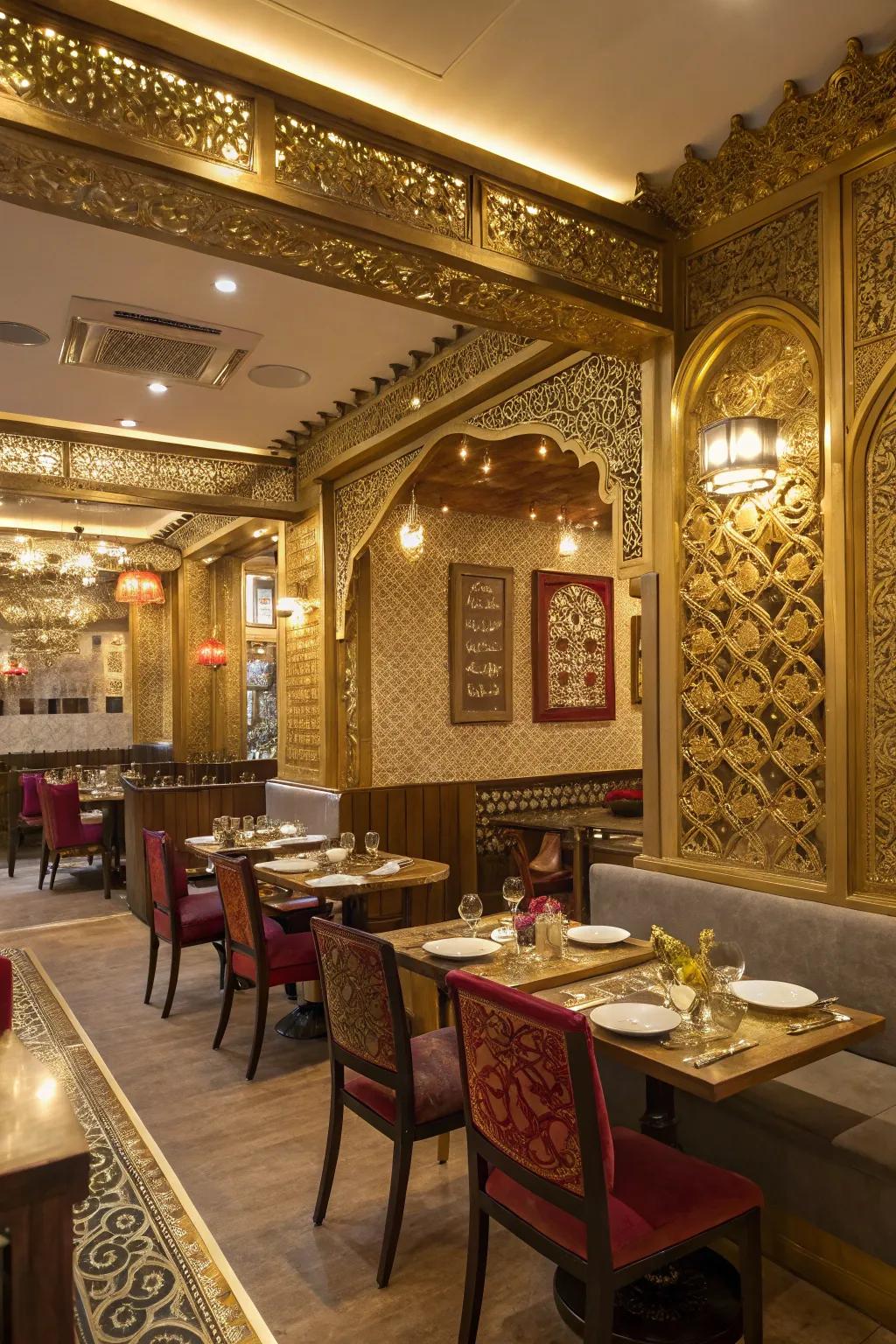 Gold accents adding opulence to an Indian restaurant.