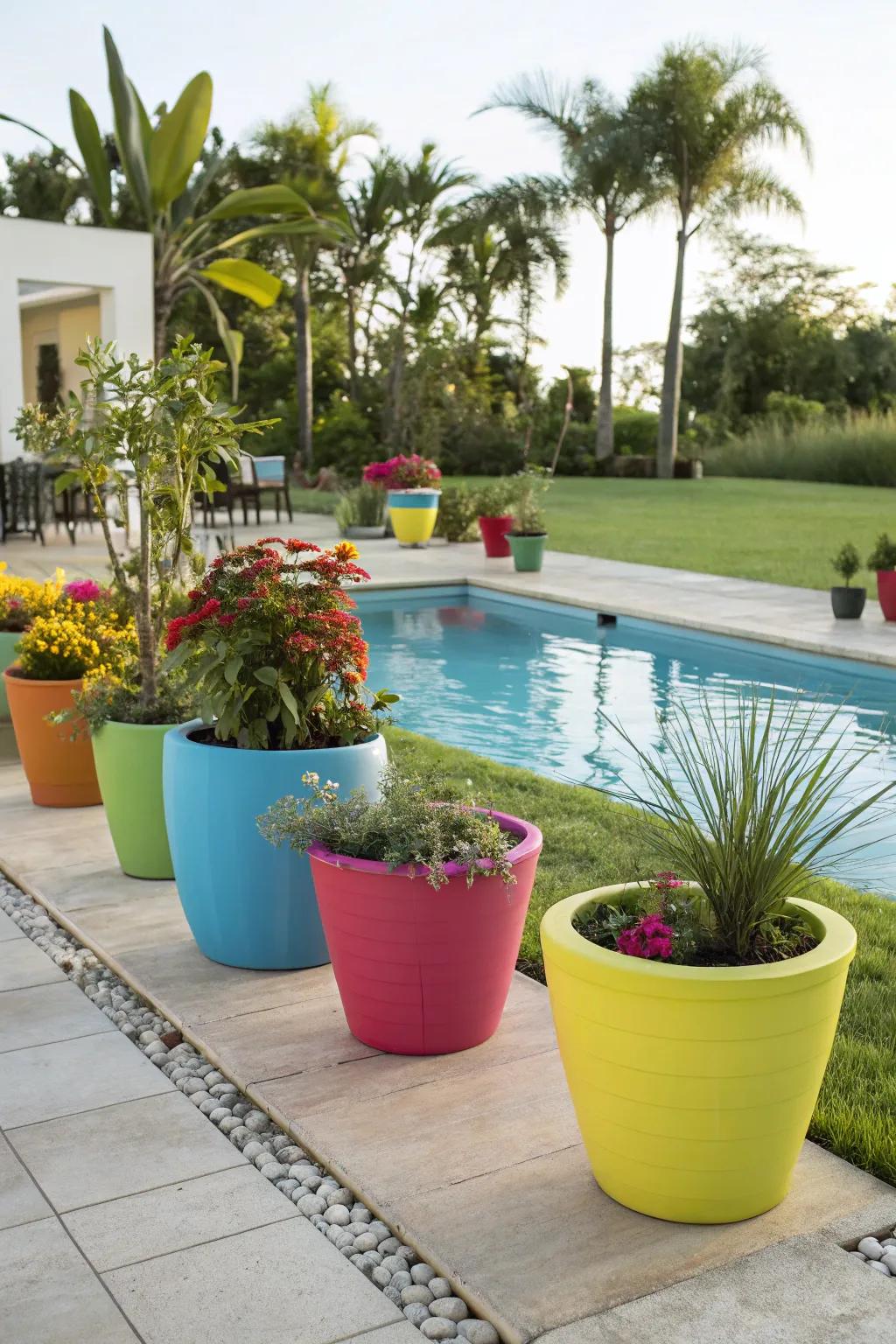Colorful pots add a cheerful touch to your pool area.