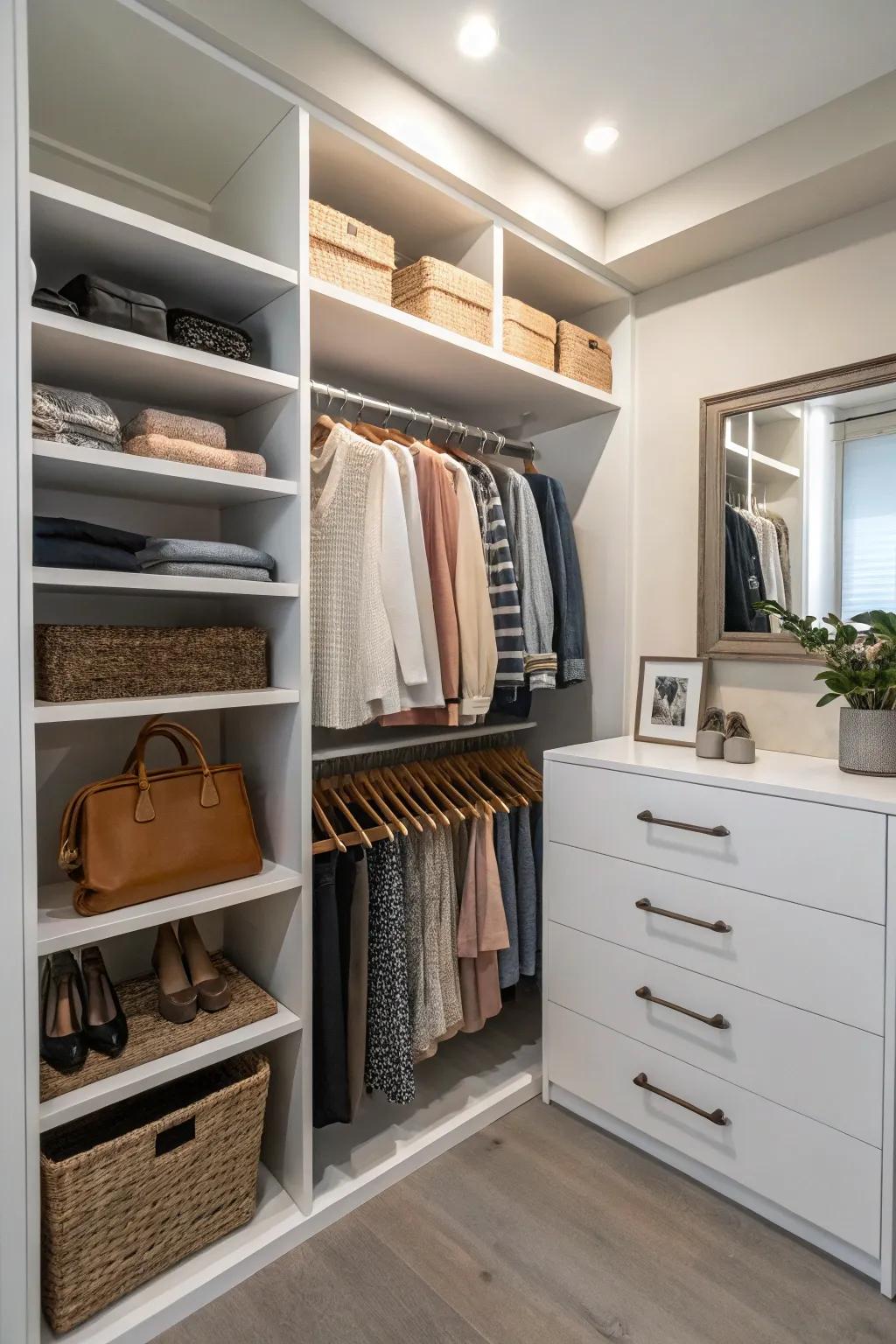 Floating shelves provide adaptable storage in a compact closet.