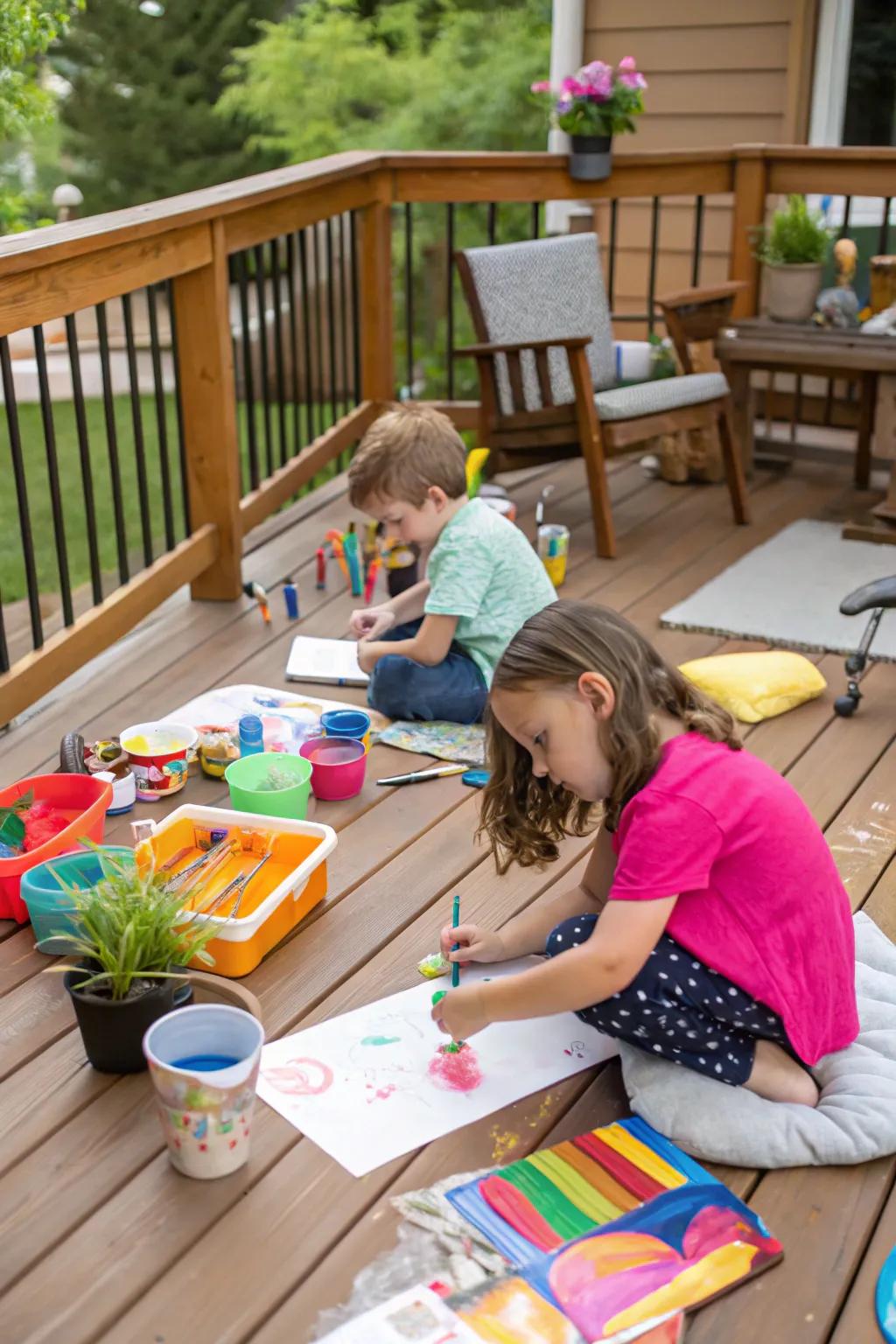 A deck with an art and craft station where children are painting and crafting.