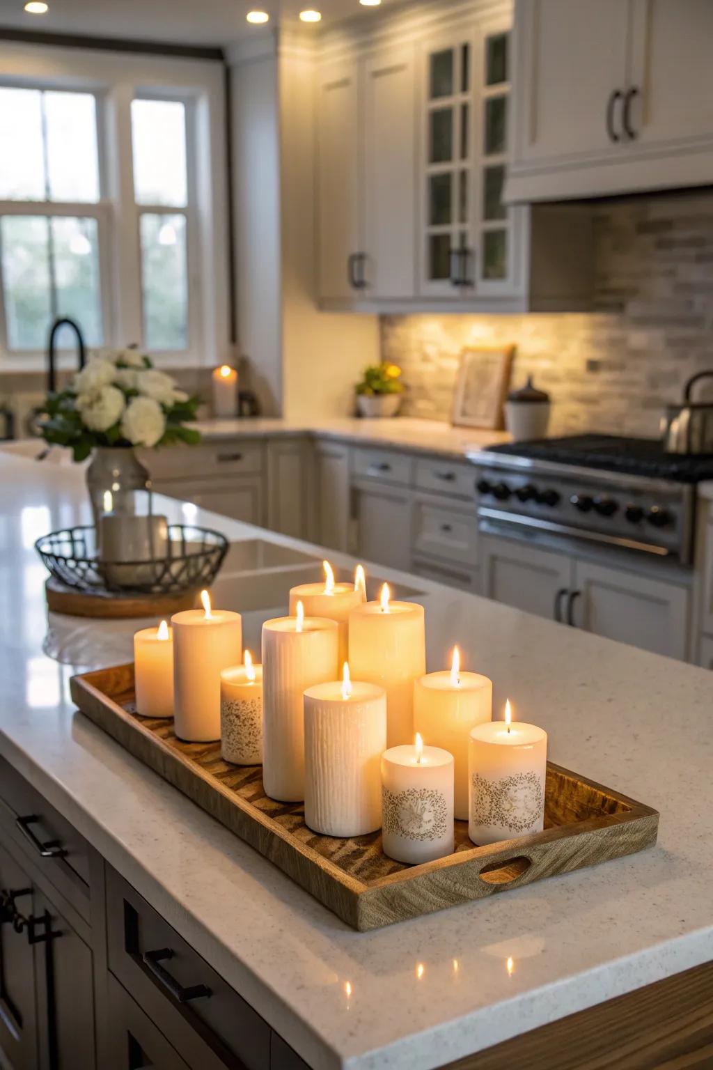 Candles enrich the kitchen island with warmth and ambiance.