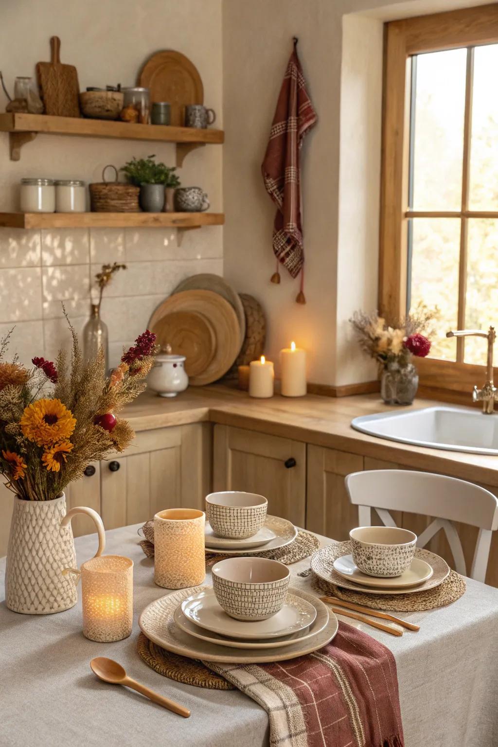 Warm neutral tones create a cozy and inviting kitchen ambiance.