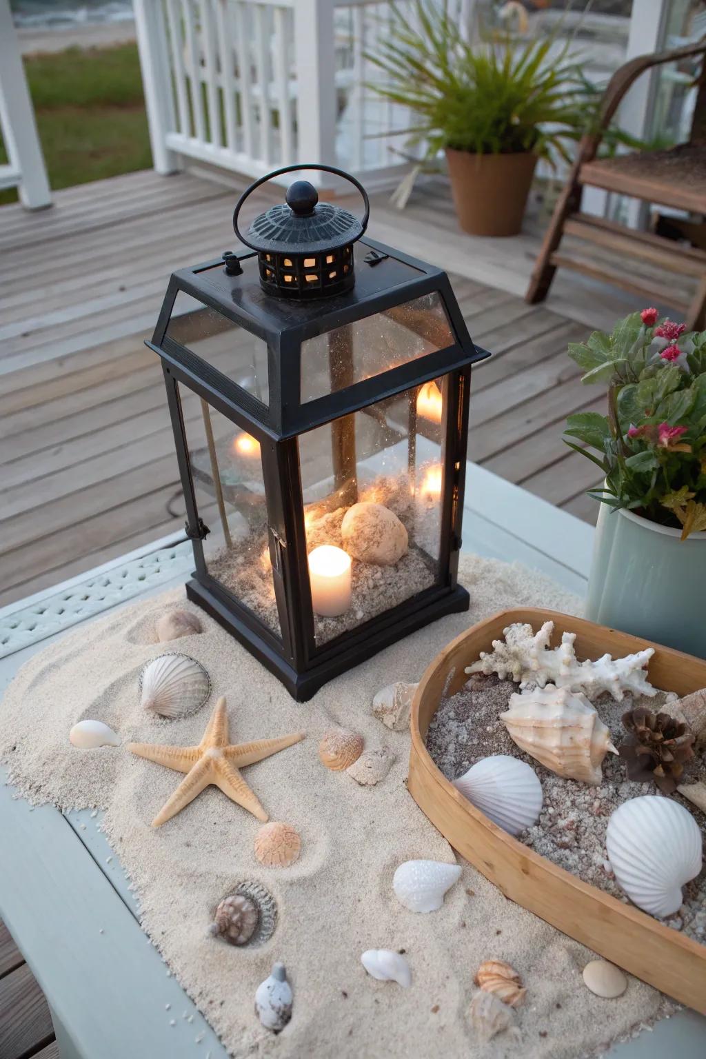 A beach-themed lantern filled with shells.