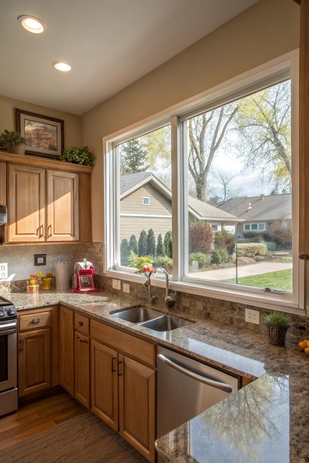 A corner window in the kitchen capturing views from multiple angles.