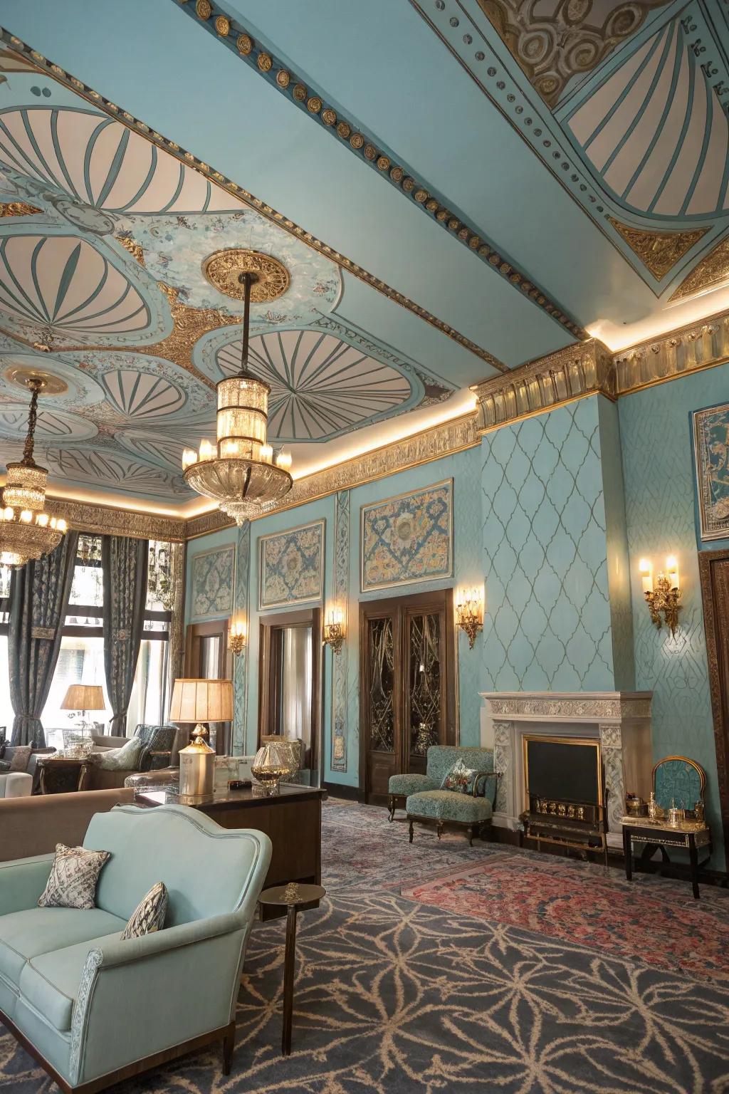 An Art Deco room featuring a striking sky-blue ceiling.