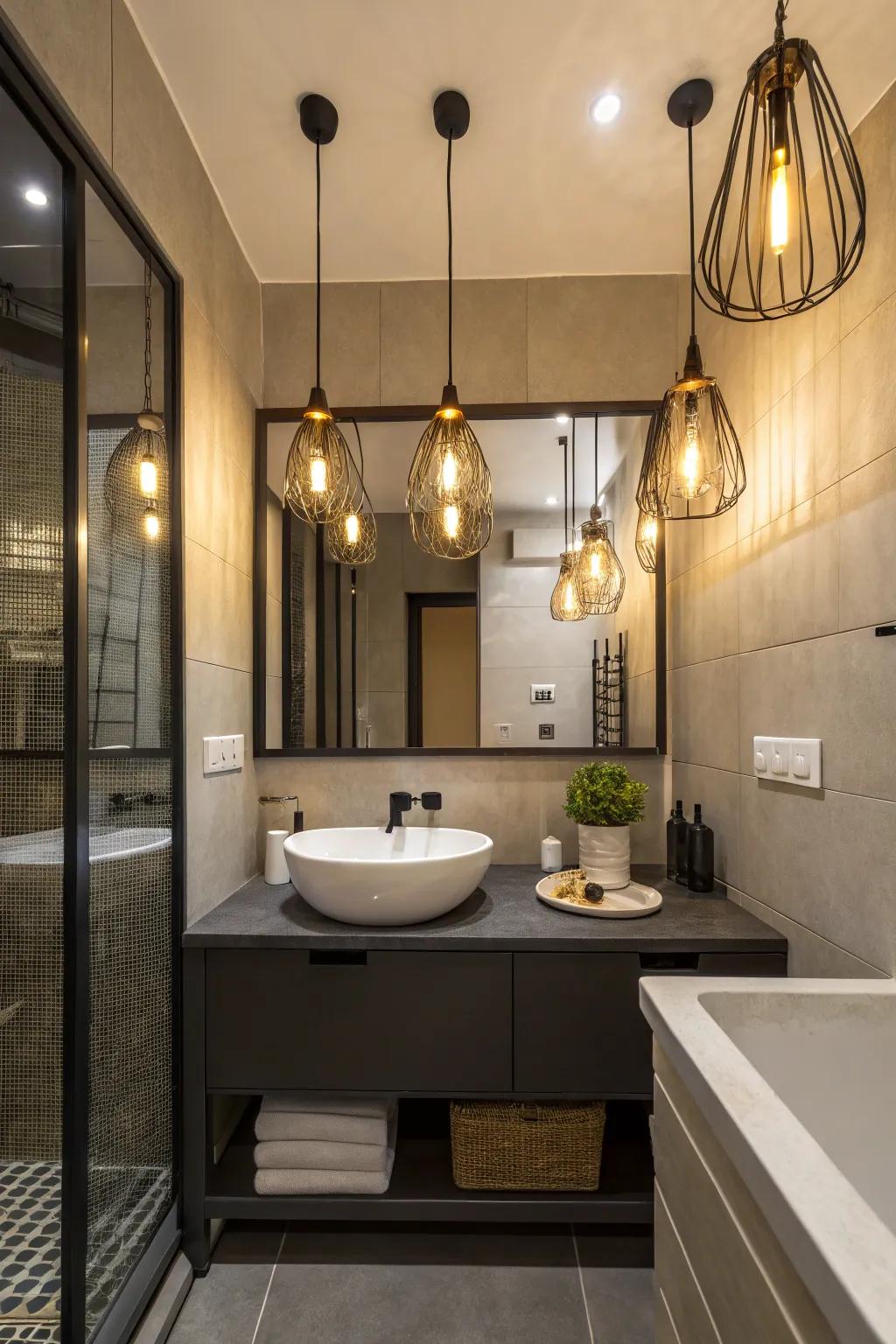 Low-hanging drop lights transform bathrooms into stylish, well-lit havens.