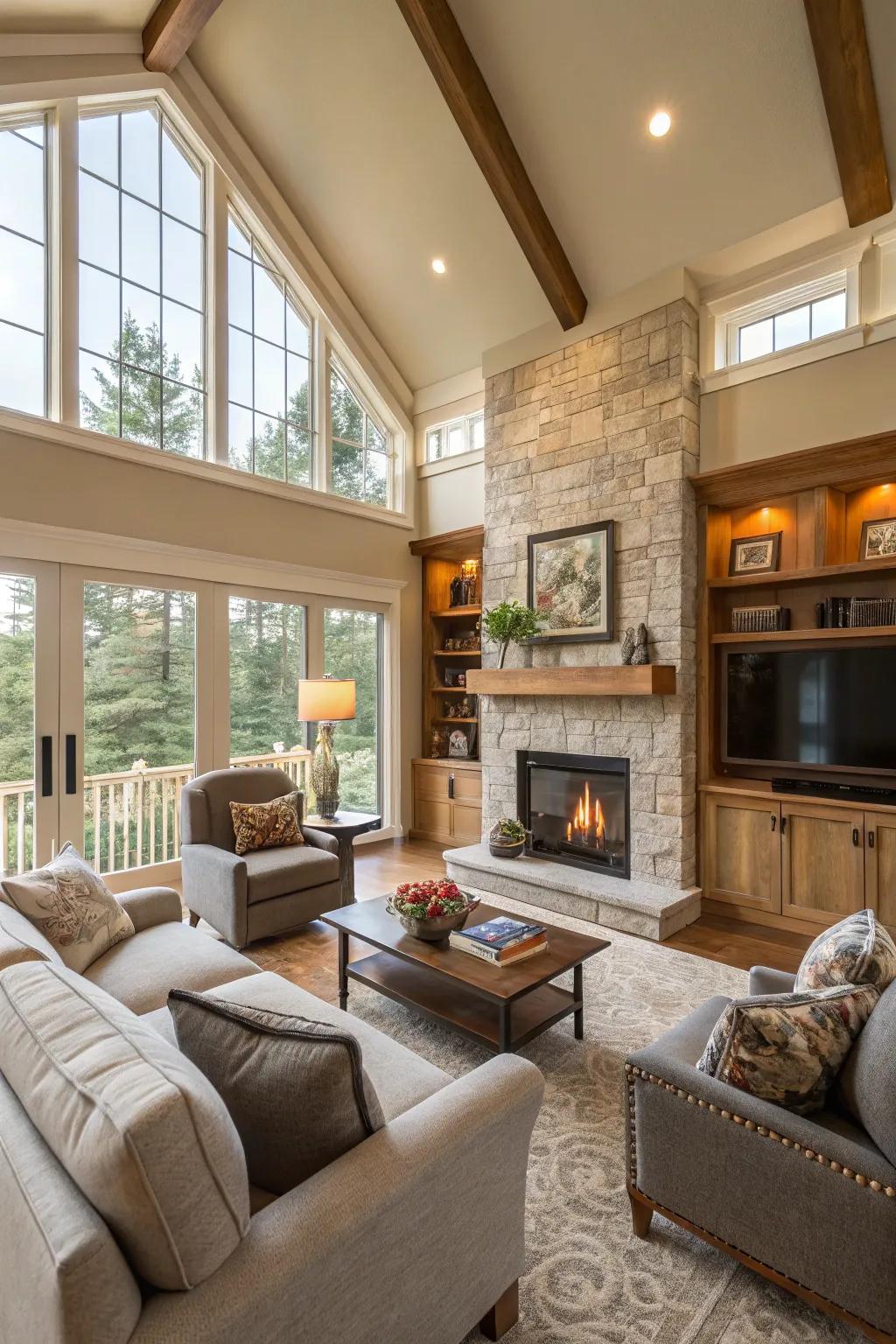 A multi-functional living room with the fireplace as a focal point and divider.