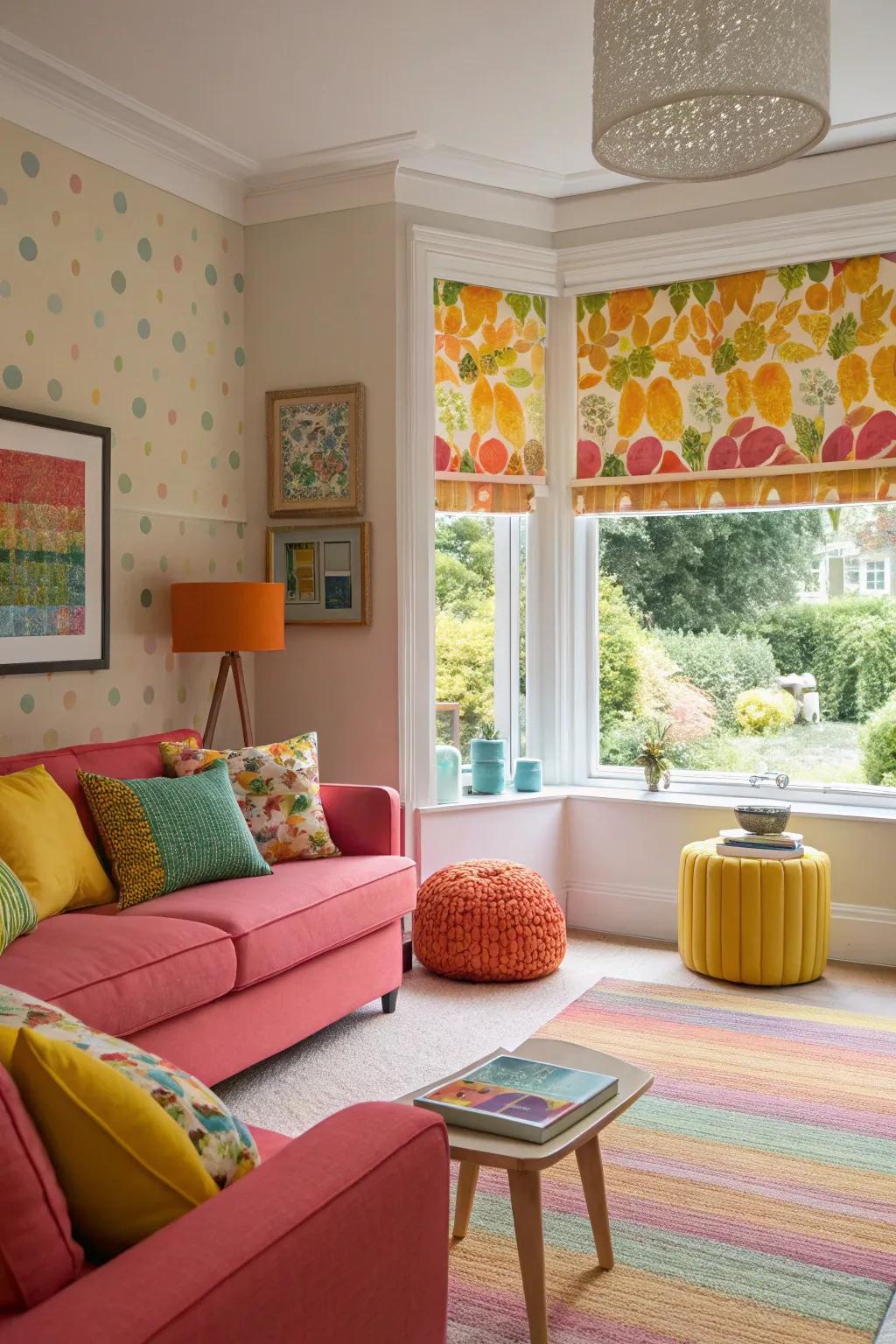 Bring life to your living room with colorful window shades.