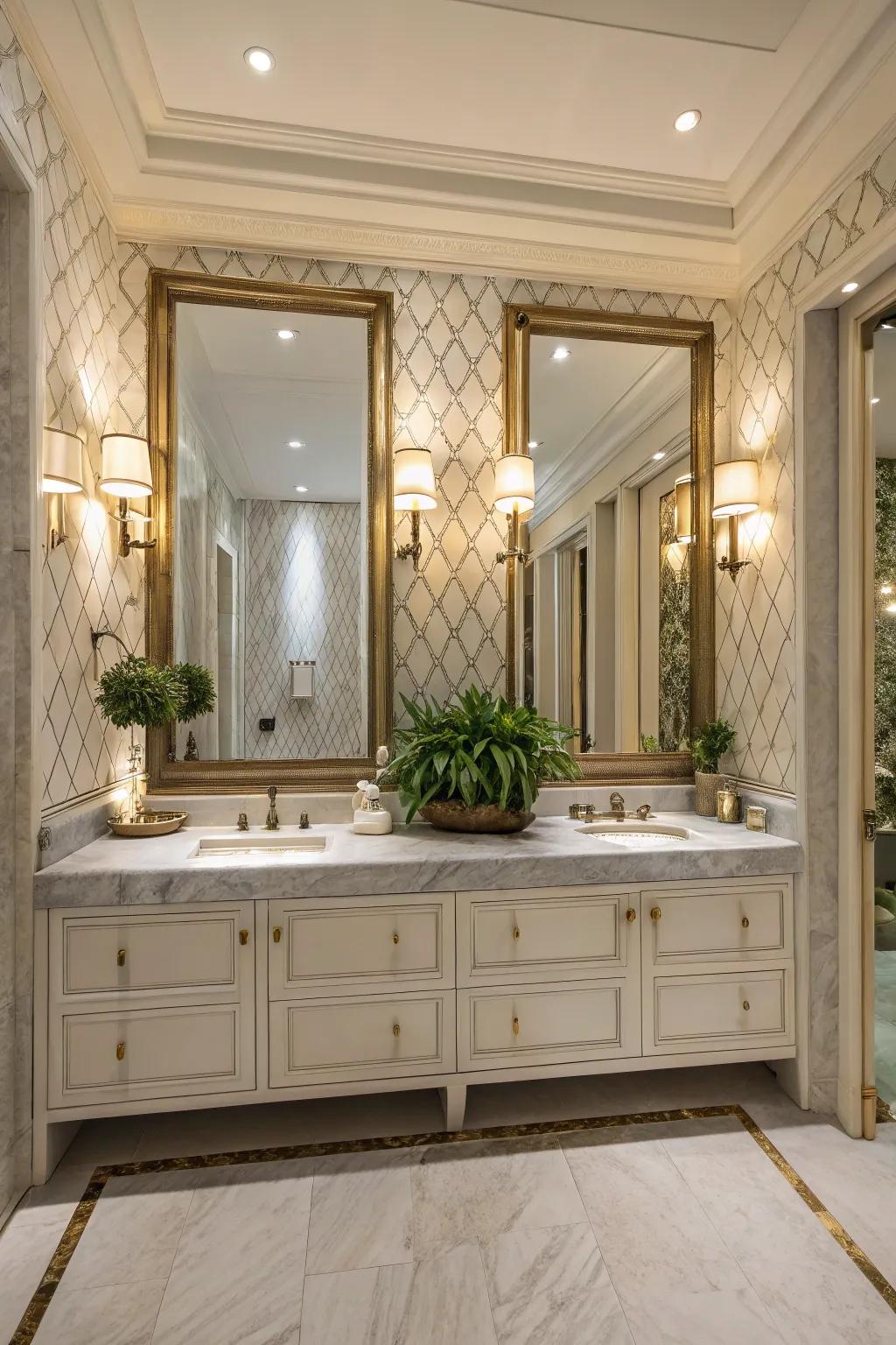 Mirrors create a sense of space and openness in this powder room.