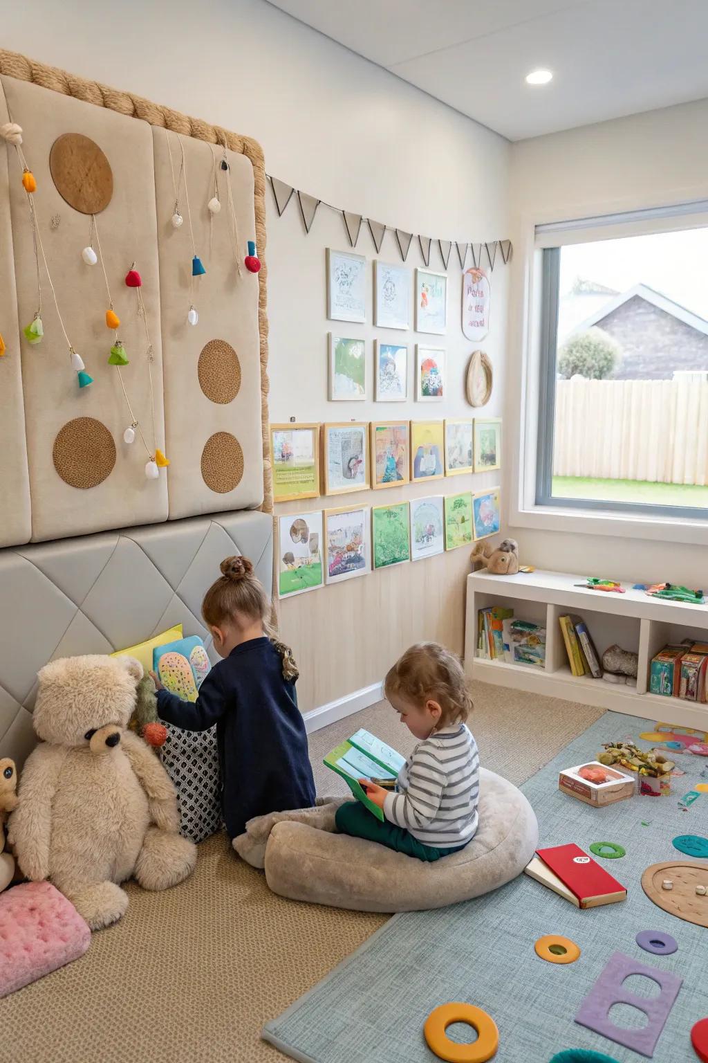 A baby room with things to play with, including a sensory wall for feeling different things.