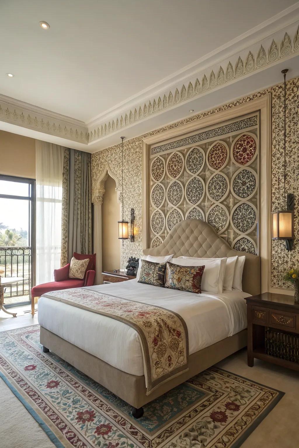A headboard feature wall introduces dimension to the master bedroom.