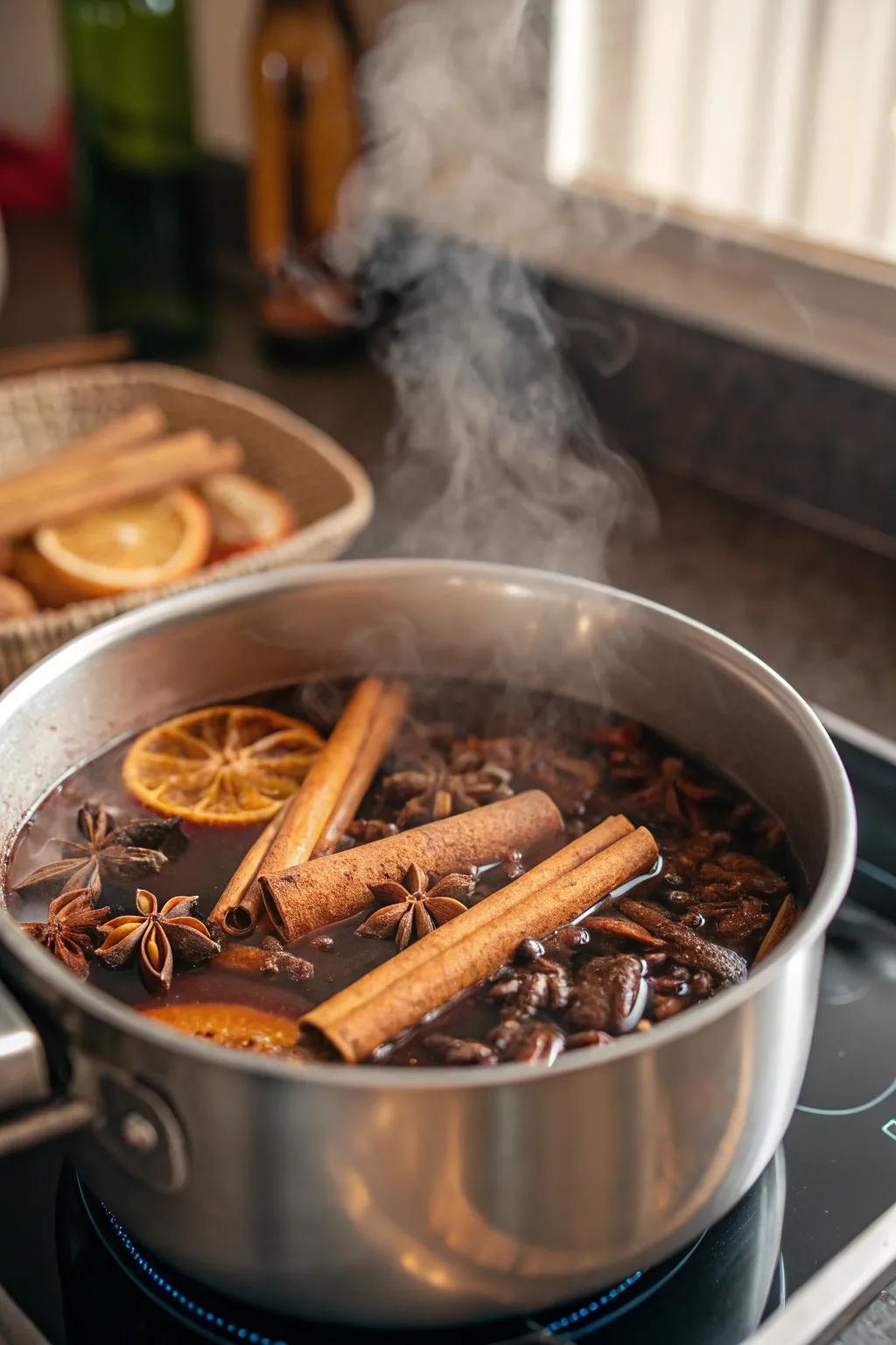 Cinnamon sticks and cloves simmering to fashion a natural holiday fragrance.
