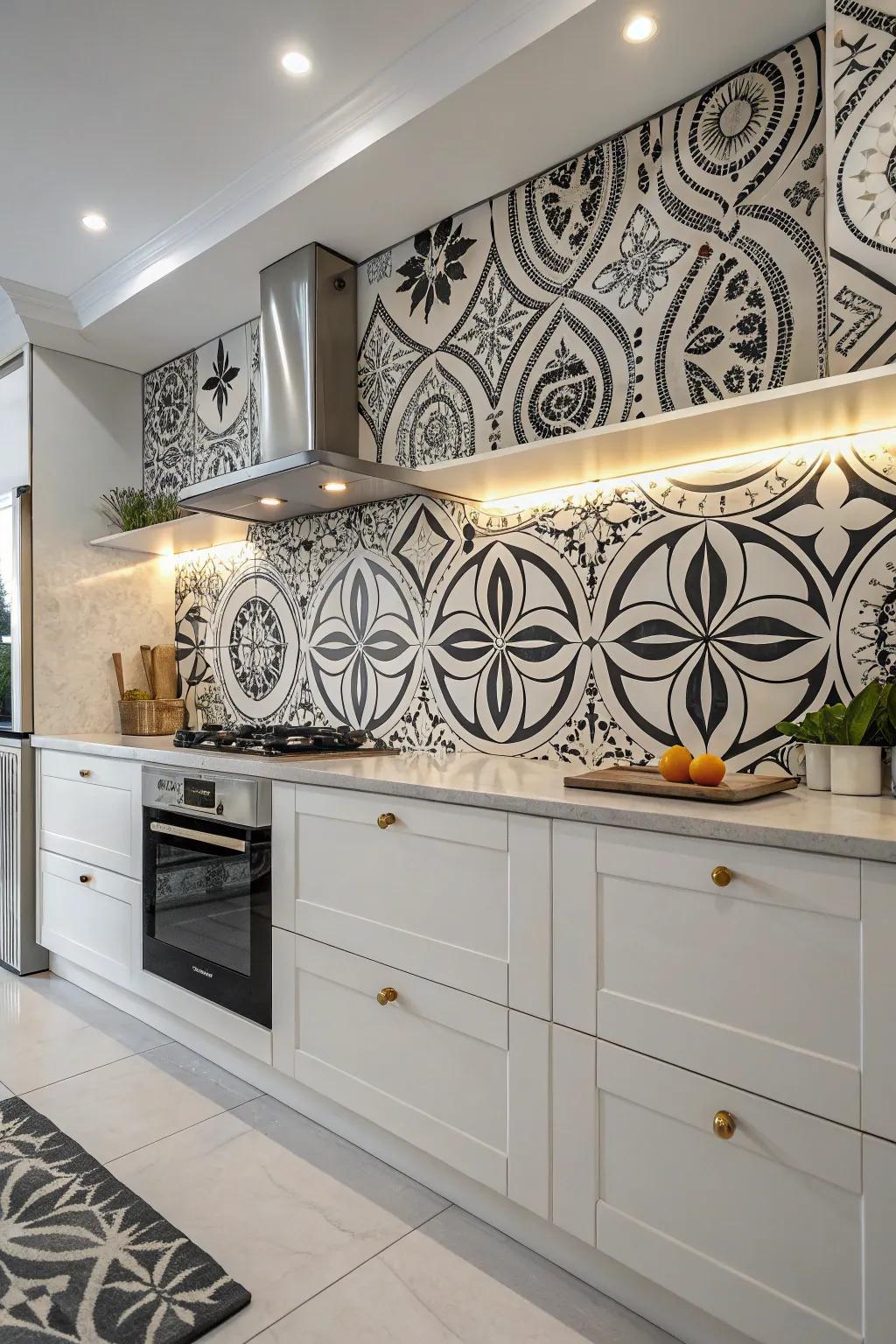 Abstract patterns turn the backsplash into a piece of art.