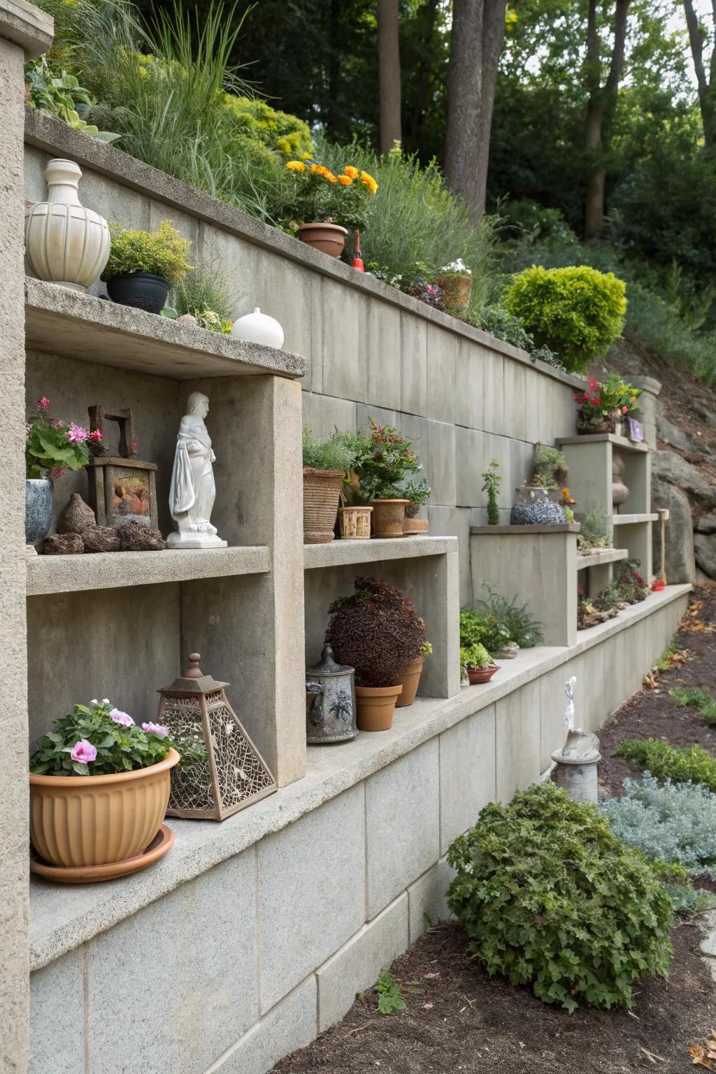 Concrete wall with integrated shelves for decor.