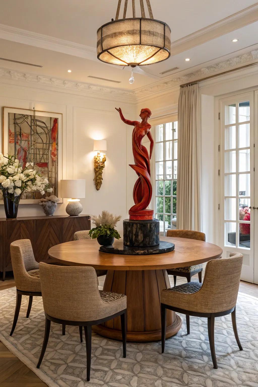 Unexpected elements like sculptures create focal points in the dining room.