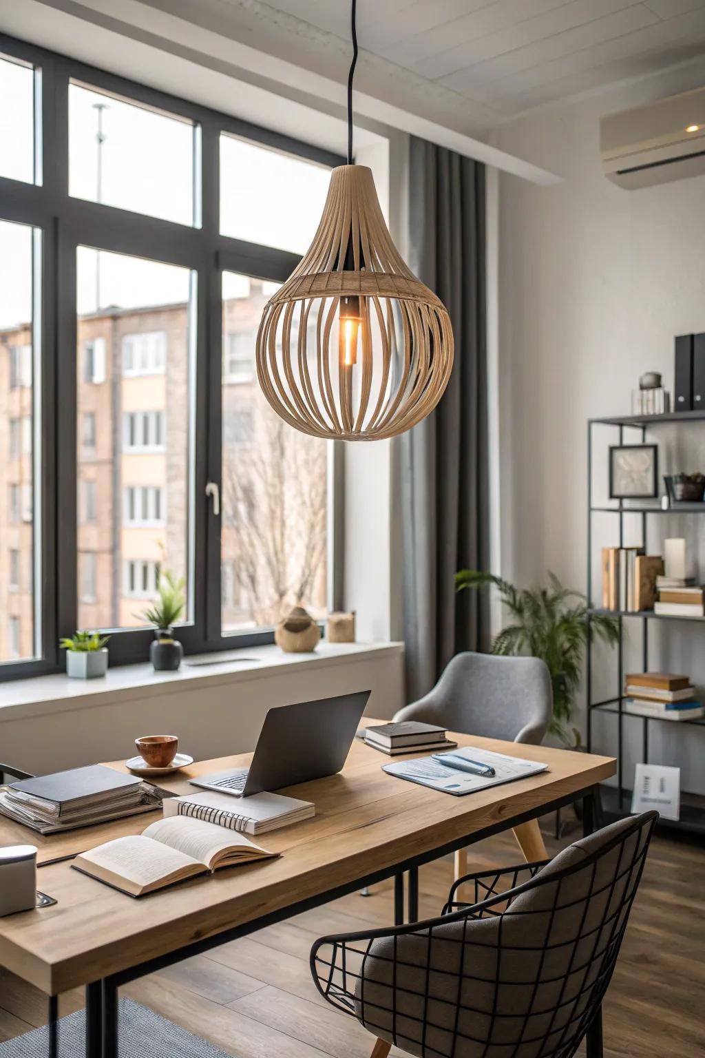 A statement lighting fixture as the centerpiece of the office.