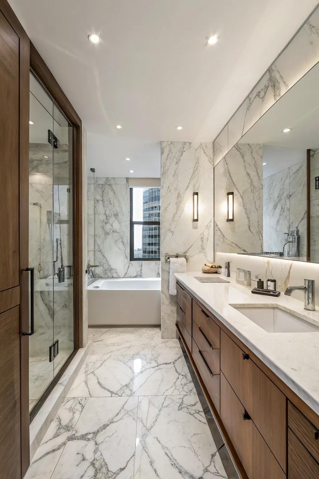 Stone adds an elegant touch to this modern bathroom.