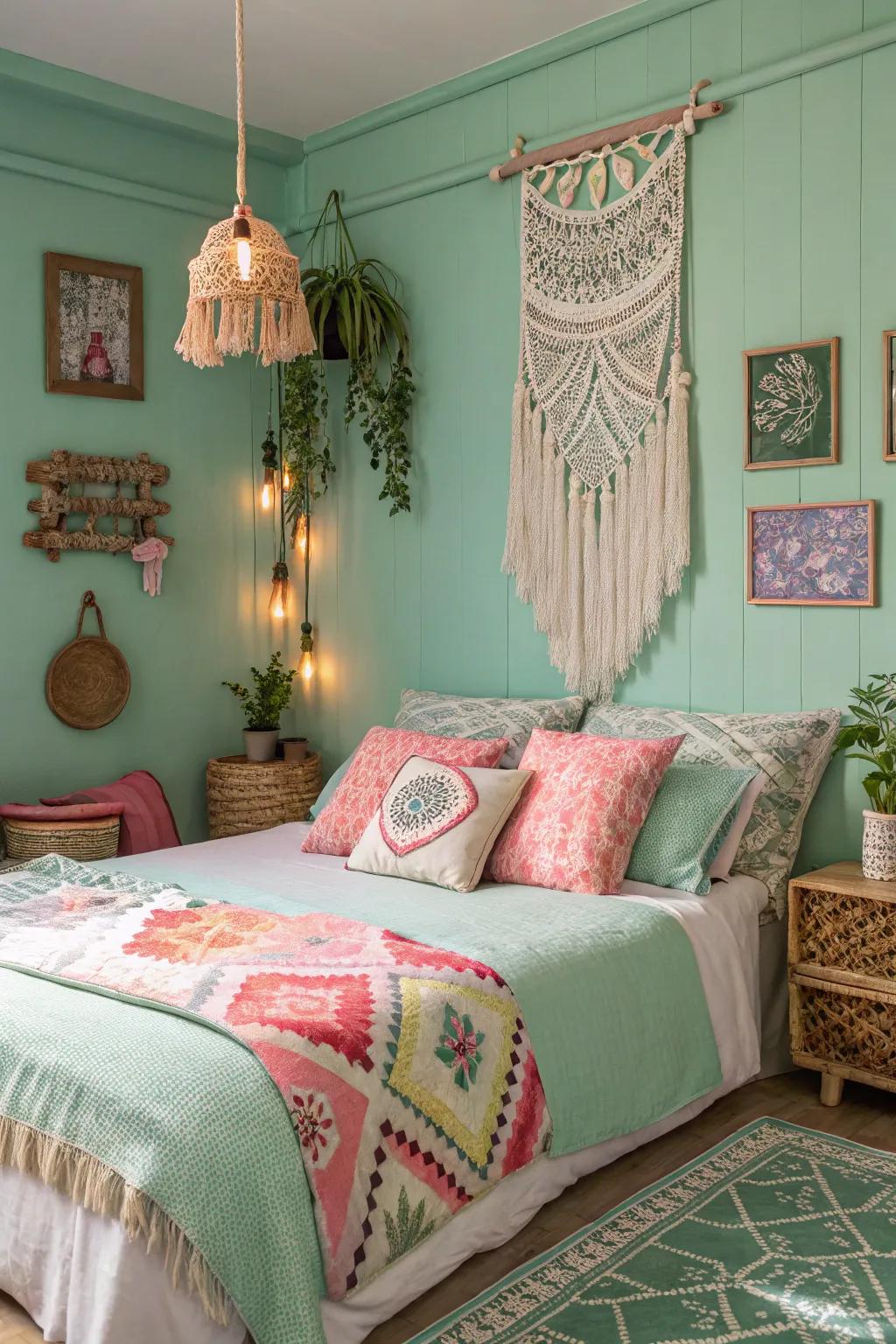Eclectic bohemian style in a springtime green boudoir.