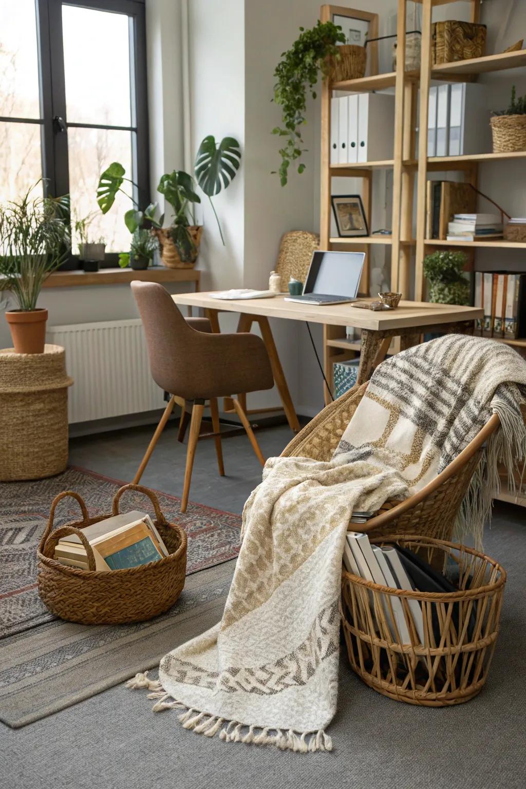 Woven textiles add a handmade touch and texture to a rustic office.