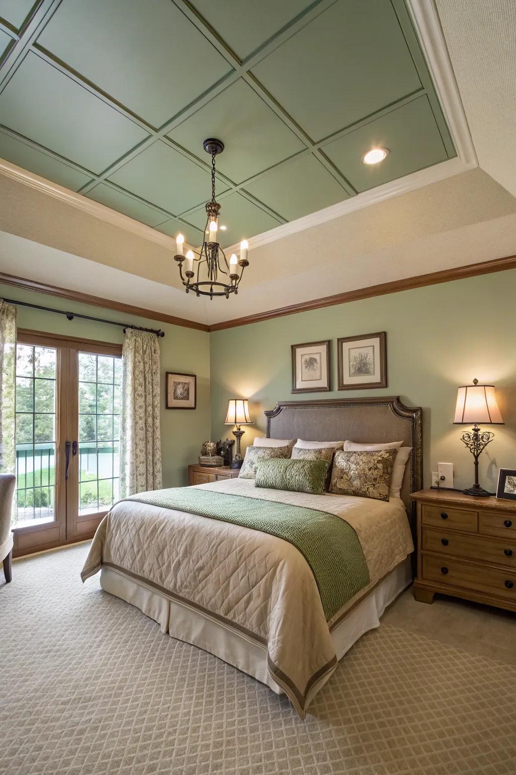 A sage green ceiling adds an unexpected touch of depth.