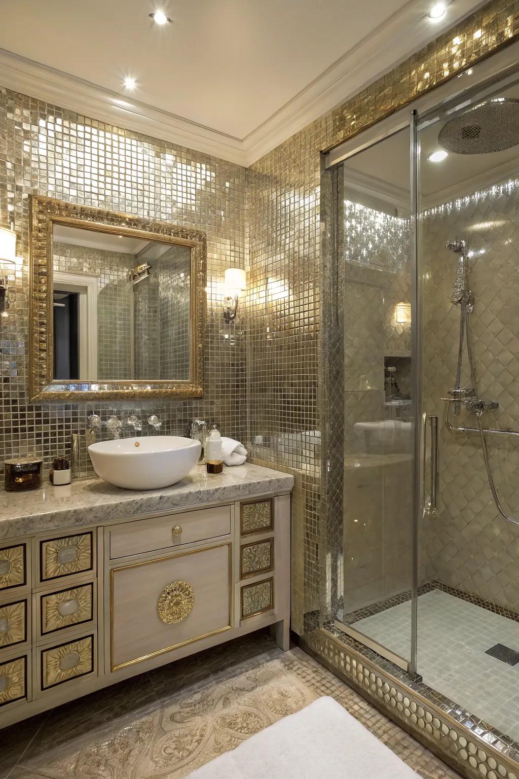 A glamorous bathroom with shimmering metallic mosaic tiles.